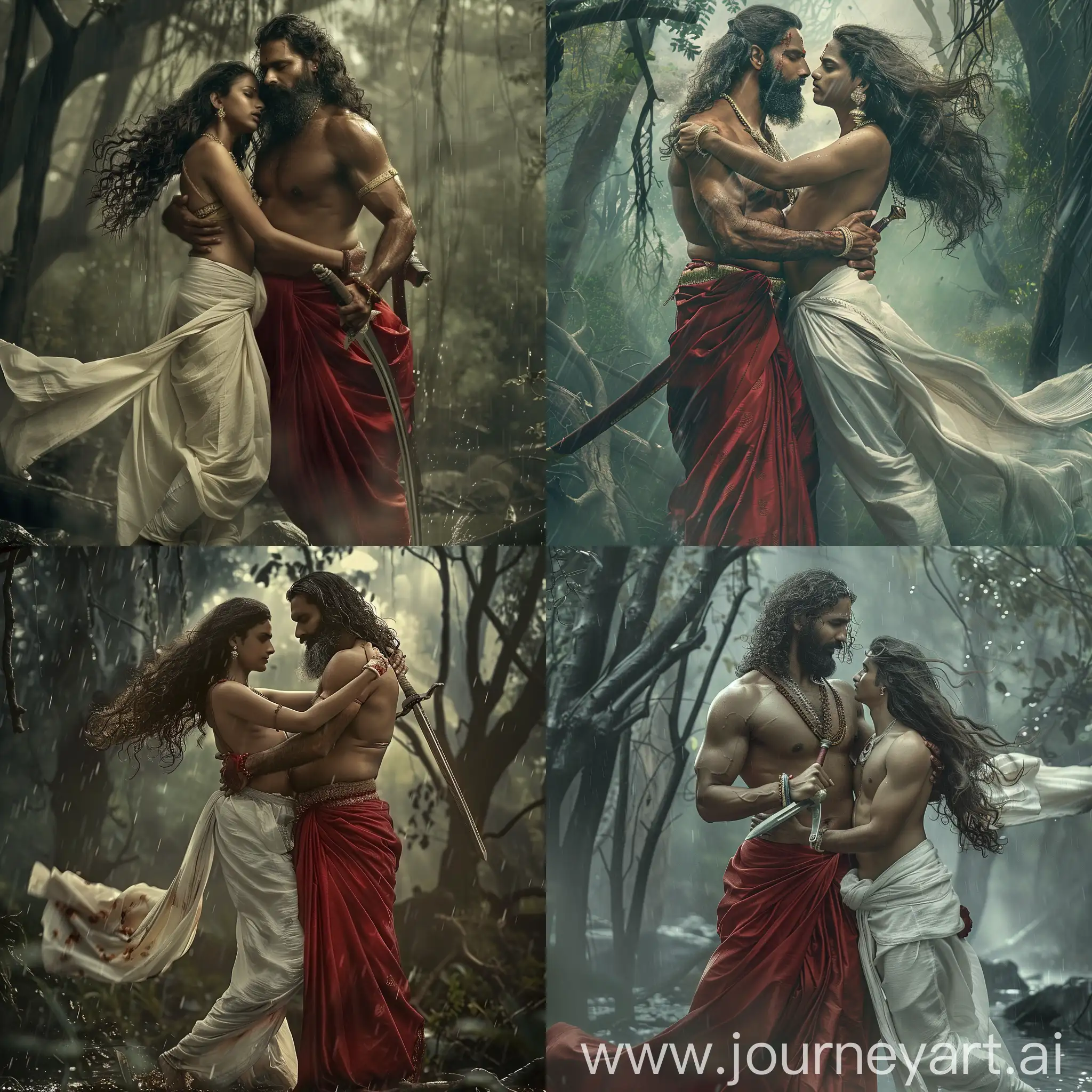 A man of ancient South India of 35 age very tall and masculine, wearing red silk dhoti, a sword on his right hand, he has very long hair with beard and mustache, a man aged 20 with flowy hair embracing wearing white pants and loose shirt, they are in forest, heavy storm, it is rainy, their dress is flowing in wind --v 6 --ar 1:1 --no 3821