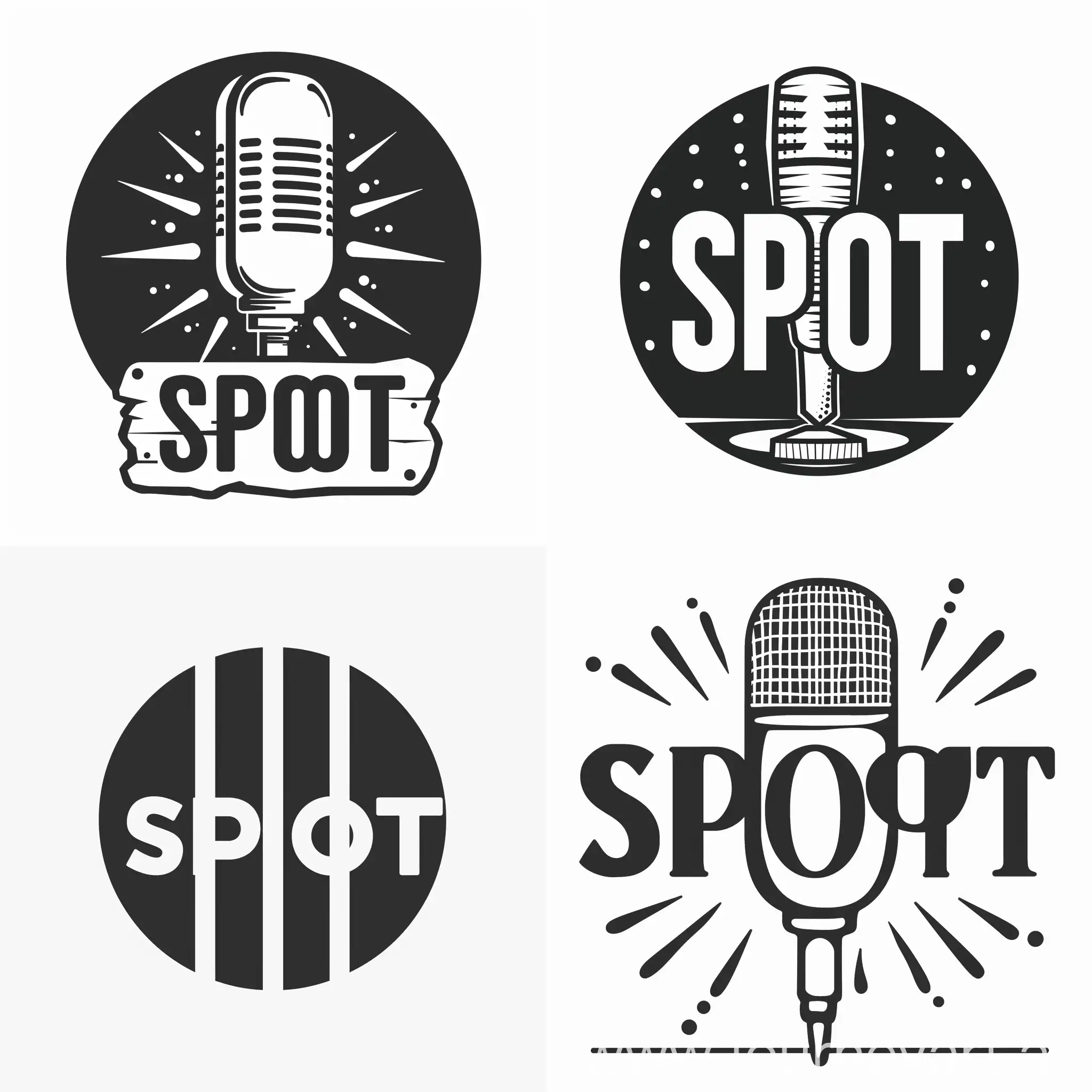 Podcast studio logo, black and white color, minimalism style, studio name "SPOT"