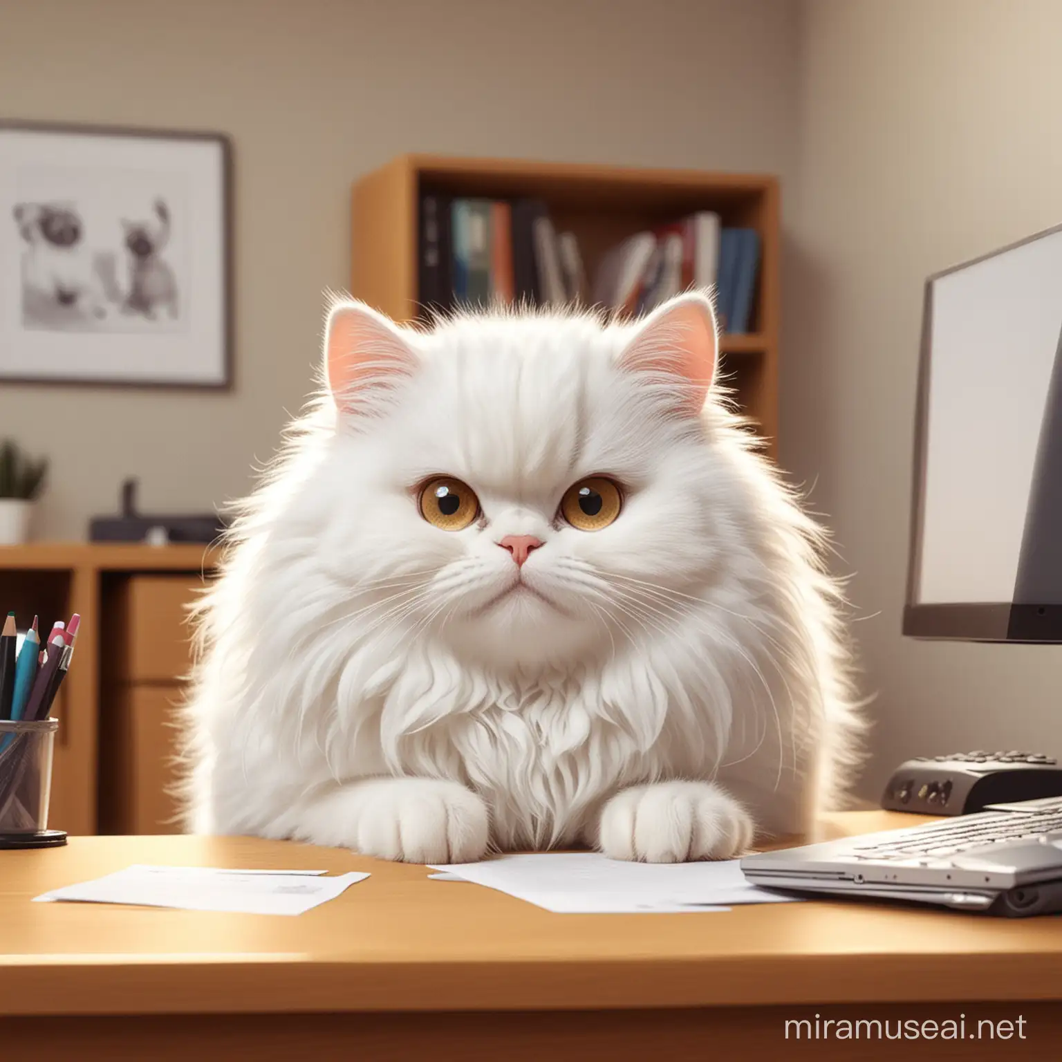 мультяшный пушистый белый кот за рабочим столом.