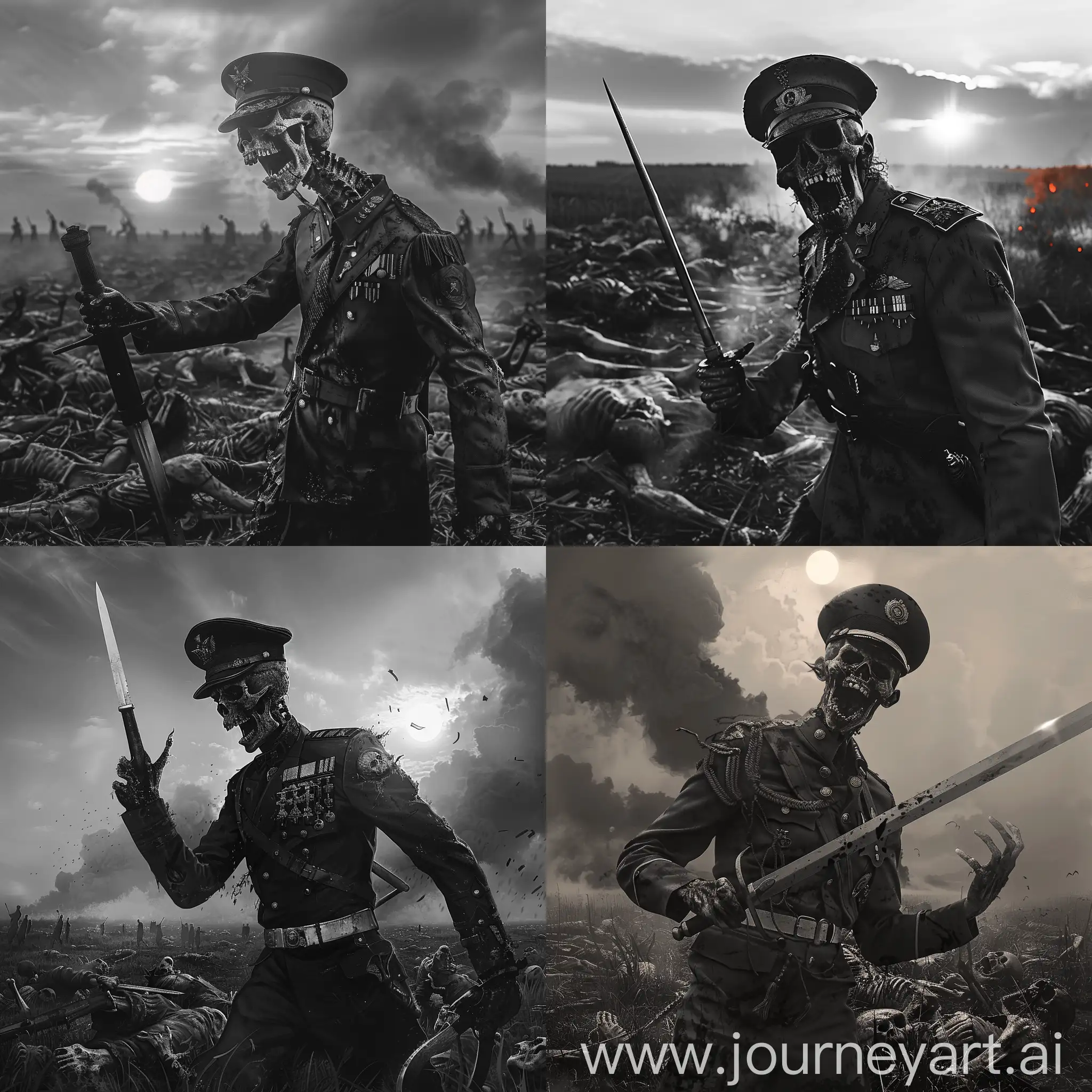 undead with officer's saber in hand with an officer's cap, screaming skull, officer uniform, army, black sun, burned field, field full of dead bodies, smoke, smog, madness, monochrome