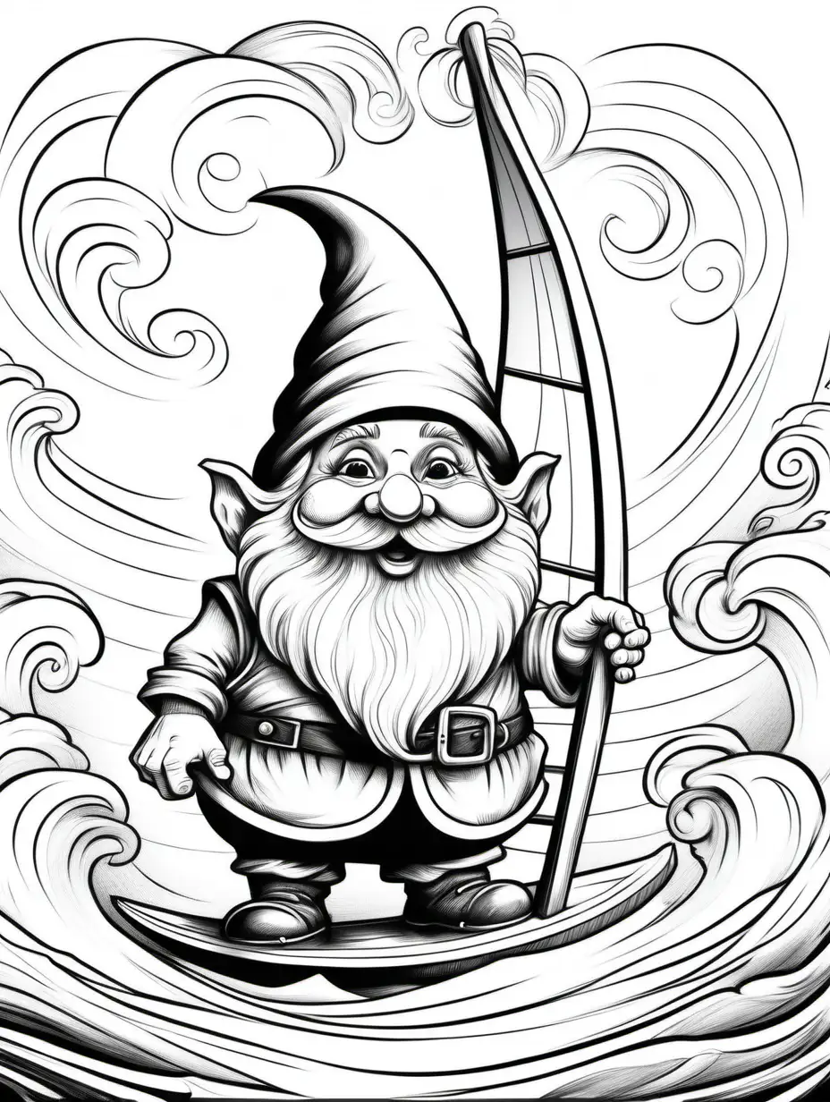 coloring book page, black and white, old  caricature gnome ,chubby whimsical,  wind surfing 