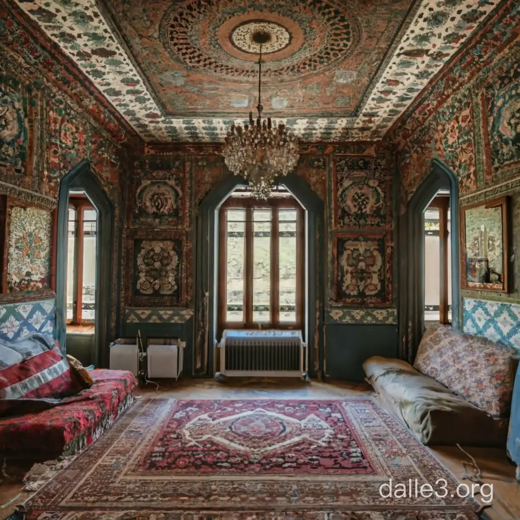 a room in an apartment on the walls of which all the walls are covered with Persian carpets