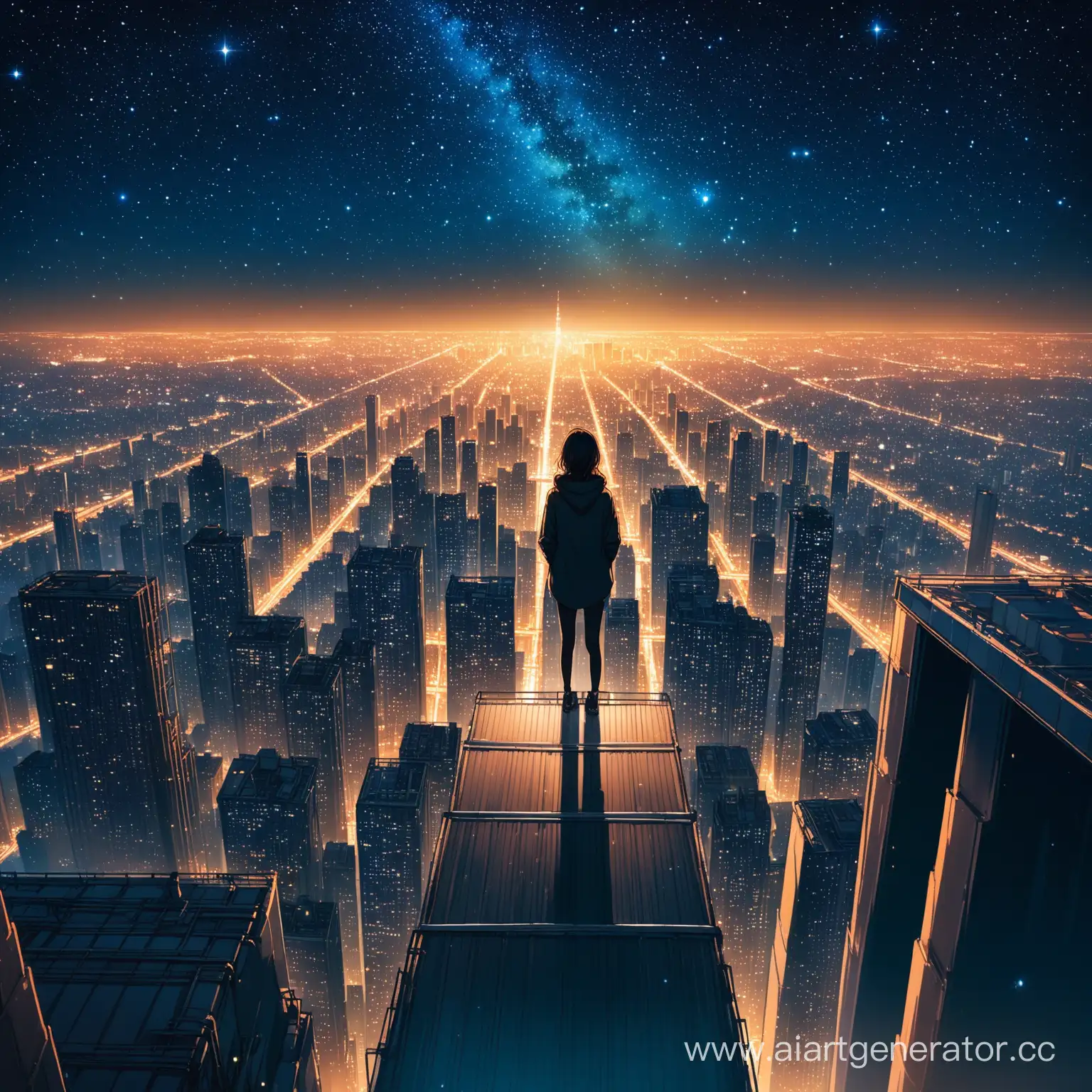 Человек, стоящий на крыше высокого здания и смотрит на звёздное небо, а вокруг огни ночного города