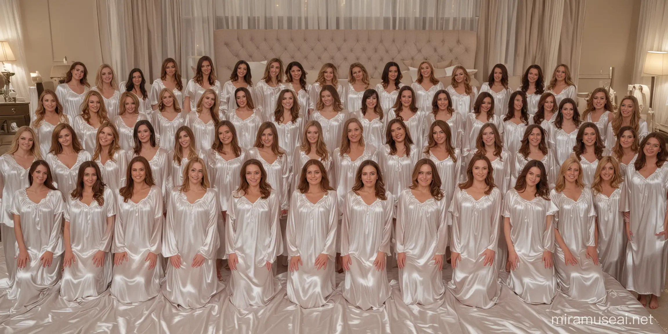 30 women in milky satin nightgown, arranged in 10 rows,Standing beside a huge satin bed，looking at you