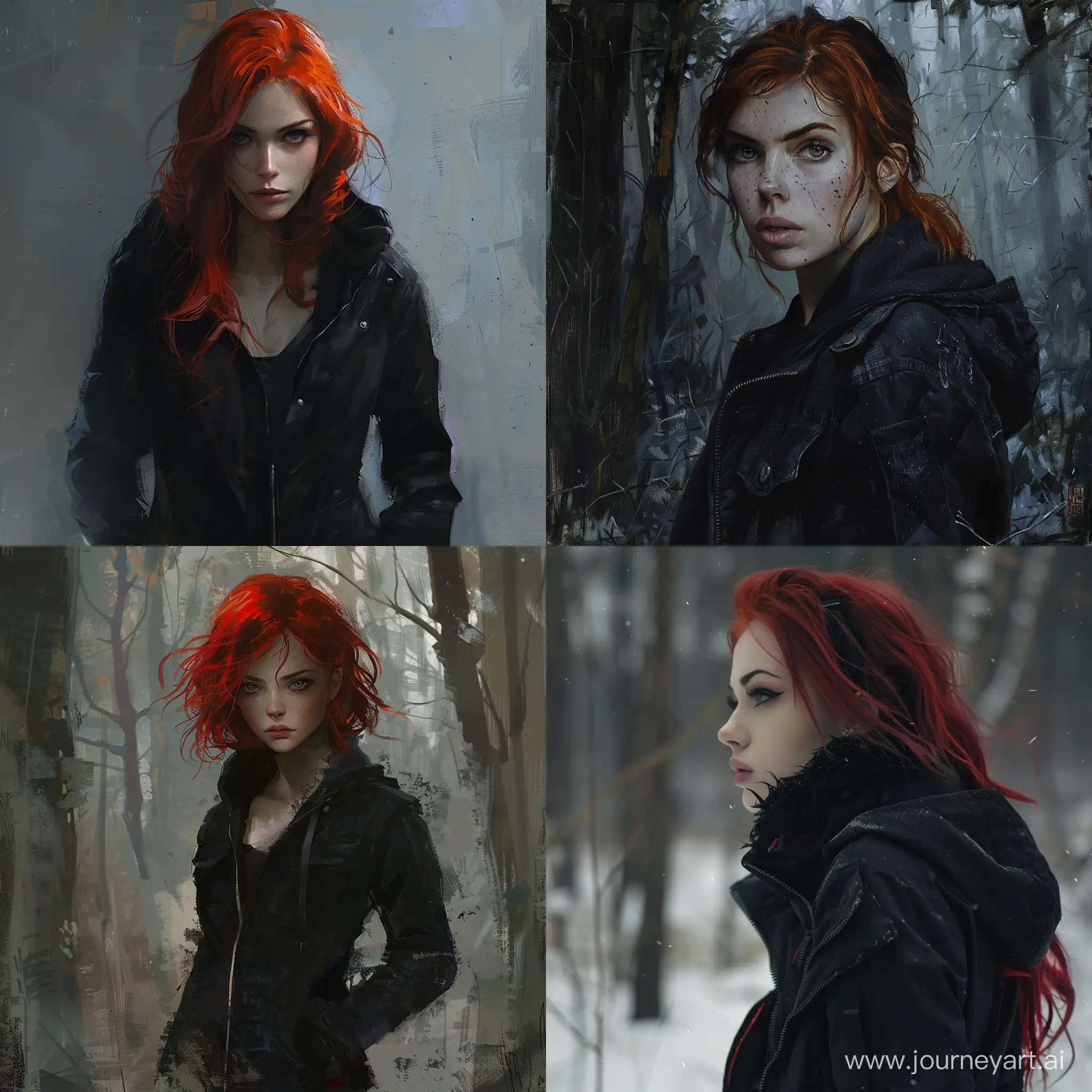 Девушка с рыжыми волосами в чёрной куртке, ночная охотница