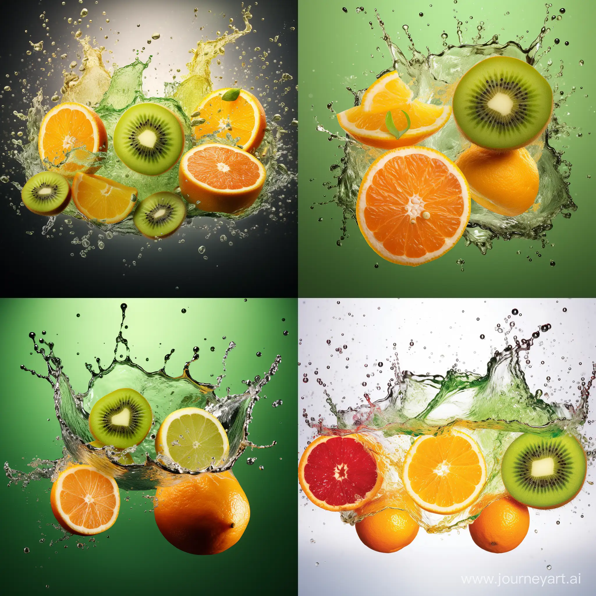 he image showcases three vibrant and dynamic splashes of different beverages, each associated with a specific fruit:  On the left, there's a green splash that looks like avocado juice, with avocados flying around the burst. In the middle, there's a bright orange splash that appears to be an orange juice, with sliced oranges alongside the splash. On the right, there's a pale yellow splash that seems to be a lemon mint juice, with lemons and mint leaves scattered around the splash. The background colors for each splash complement the respective beverages, enhancing the visual appeal. The overall image portrays the freshness and vitality of the drinks.