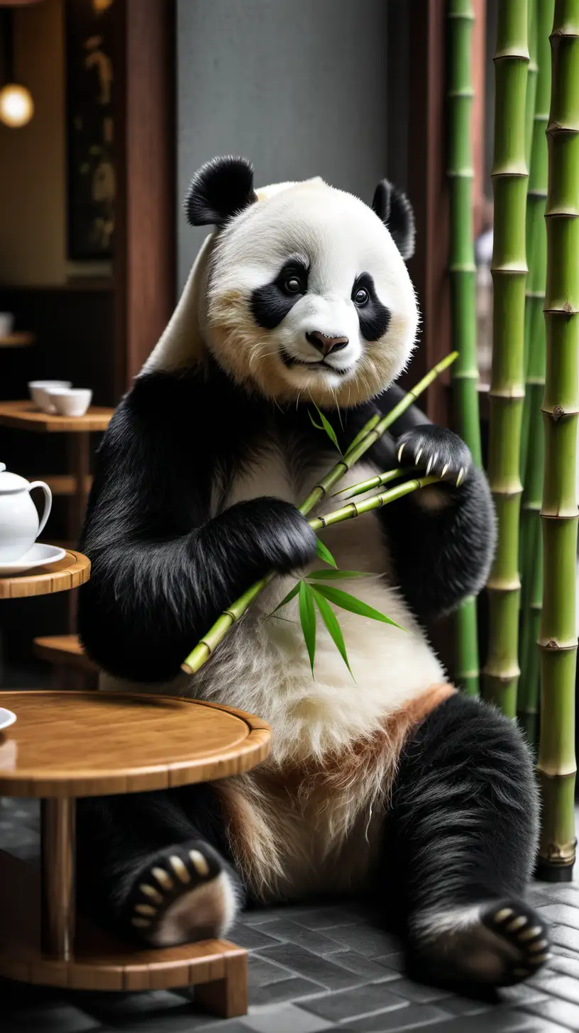 Панда сидит в кафе за столиком ей официант принес бамбук