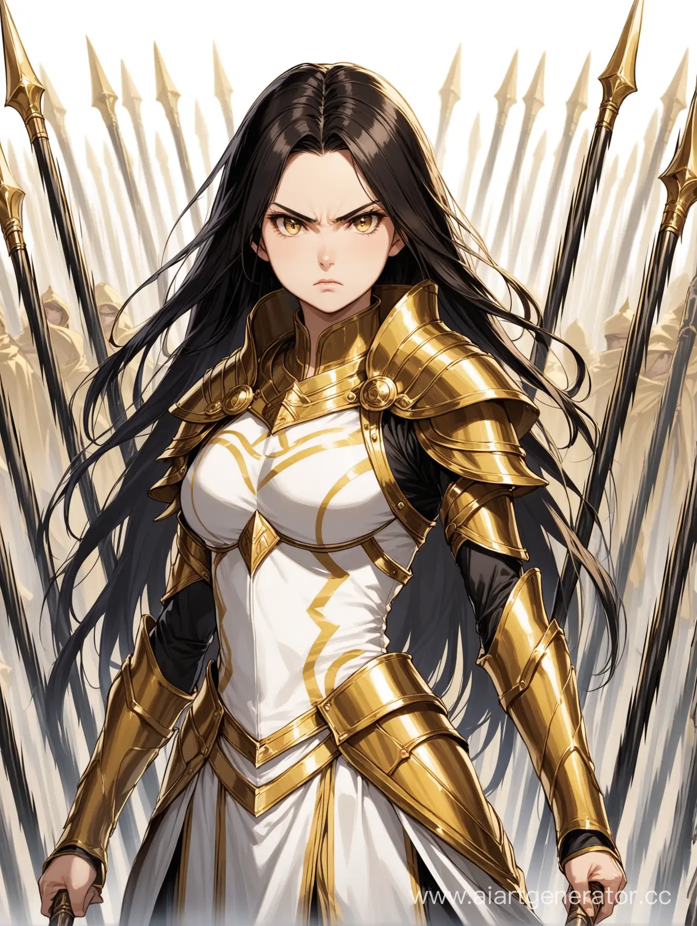 Serious-DarkHaired-Girl-in-WhiteGolden-Attire-with-Dual-Spears