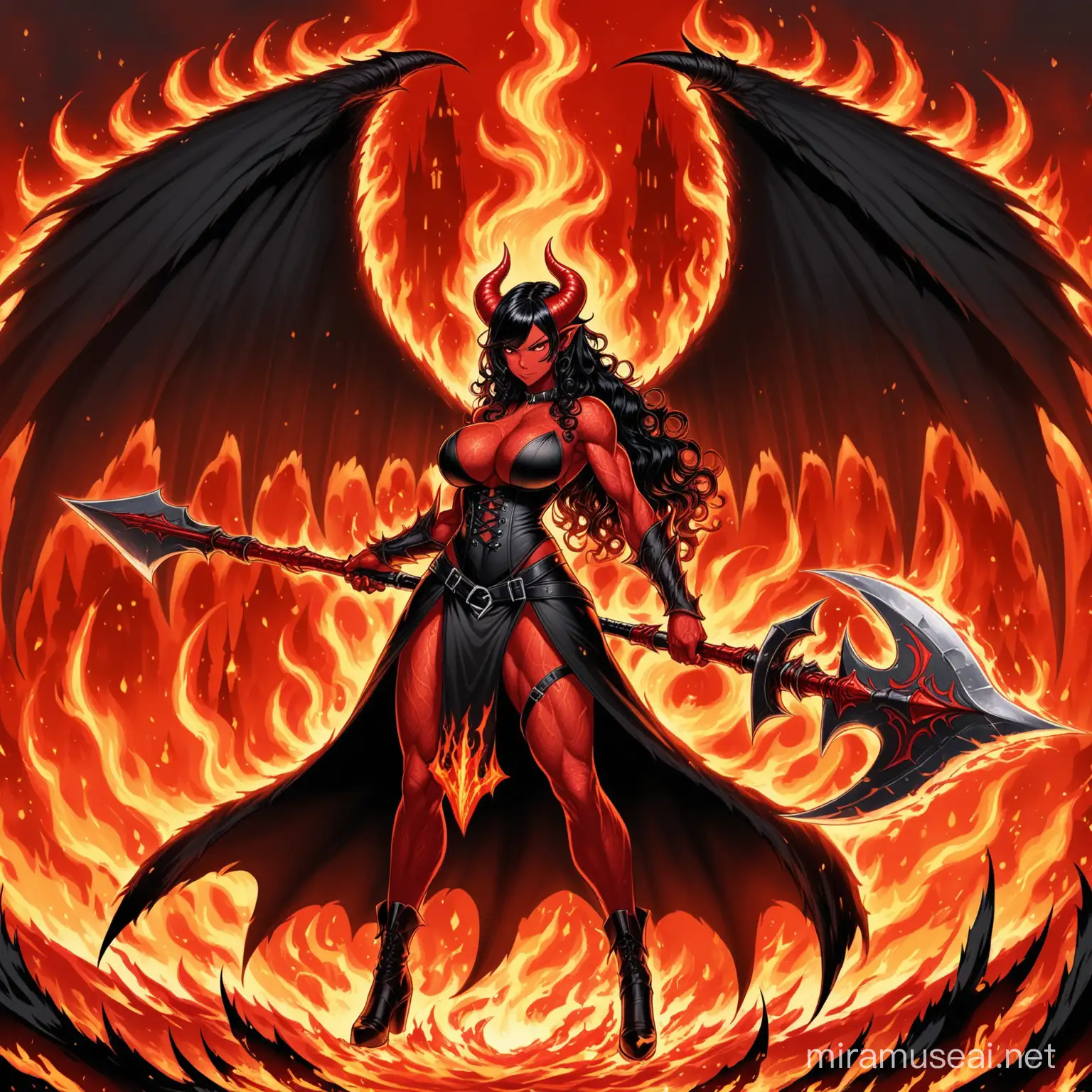 talll voluptuous muscular red skin devil female with long curly black hair, red eyes, horns, large black wings, tail wearing a black corset while wielding a great halberd-axe engulfed by red flames