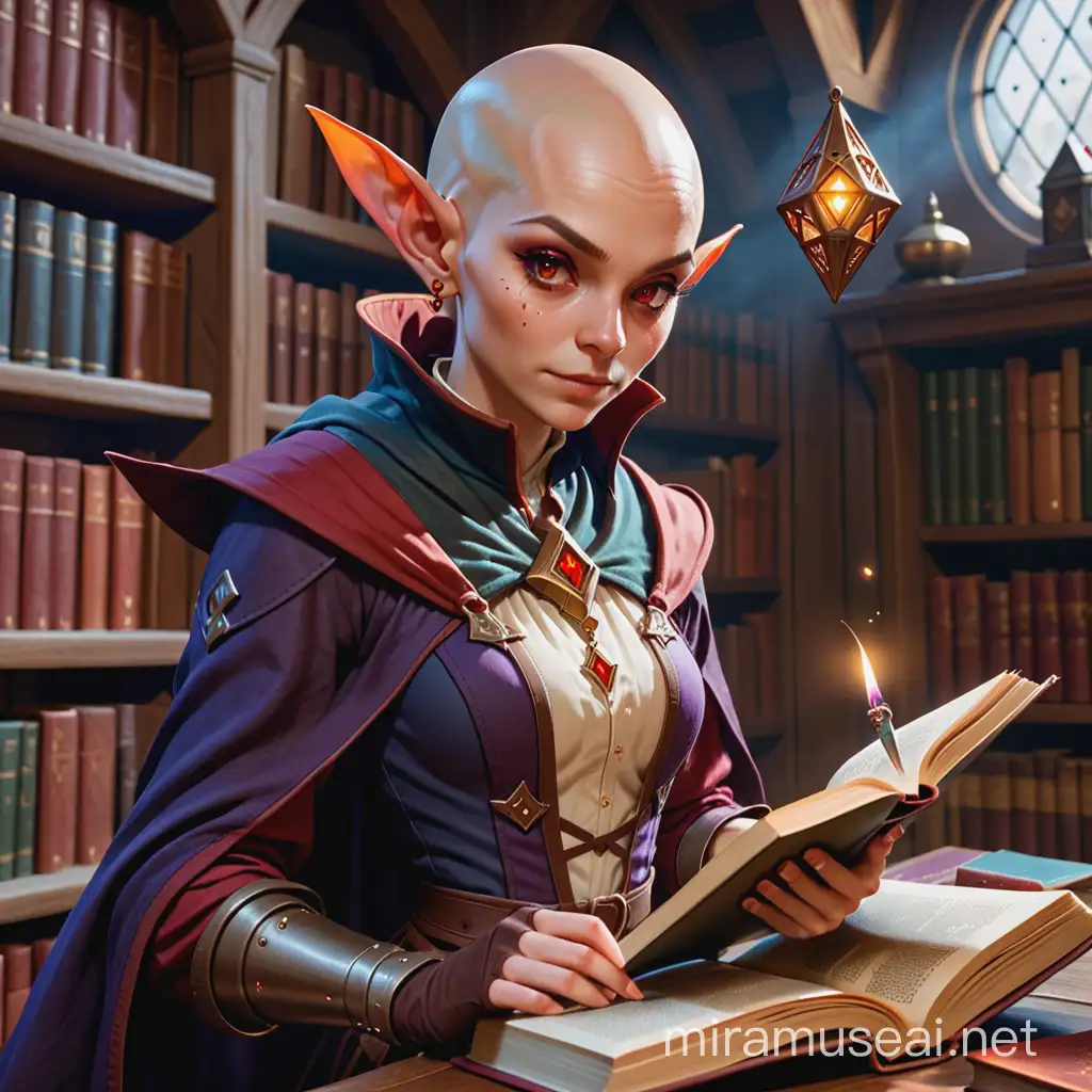 androgynous female hobgoblin, bald with reddish skin and red eyes, wearing a scholar adventurer wizard outfit, with a floating spellbook nearby, in a background of a wizard's study.