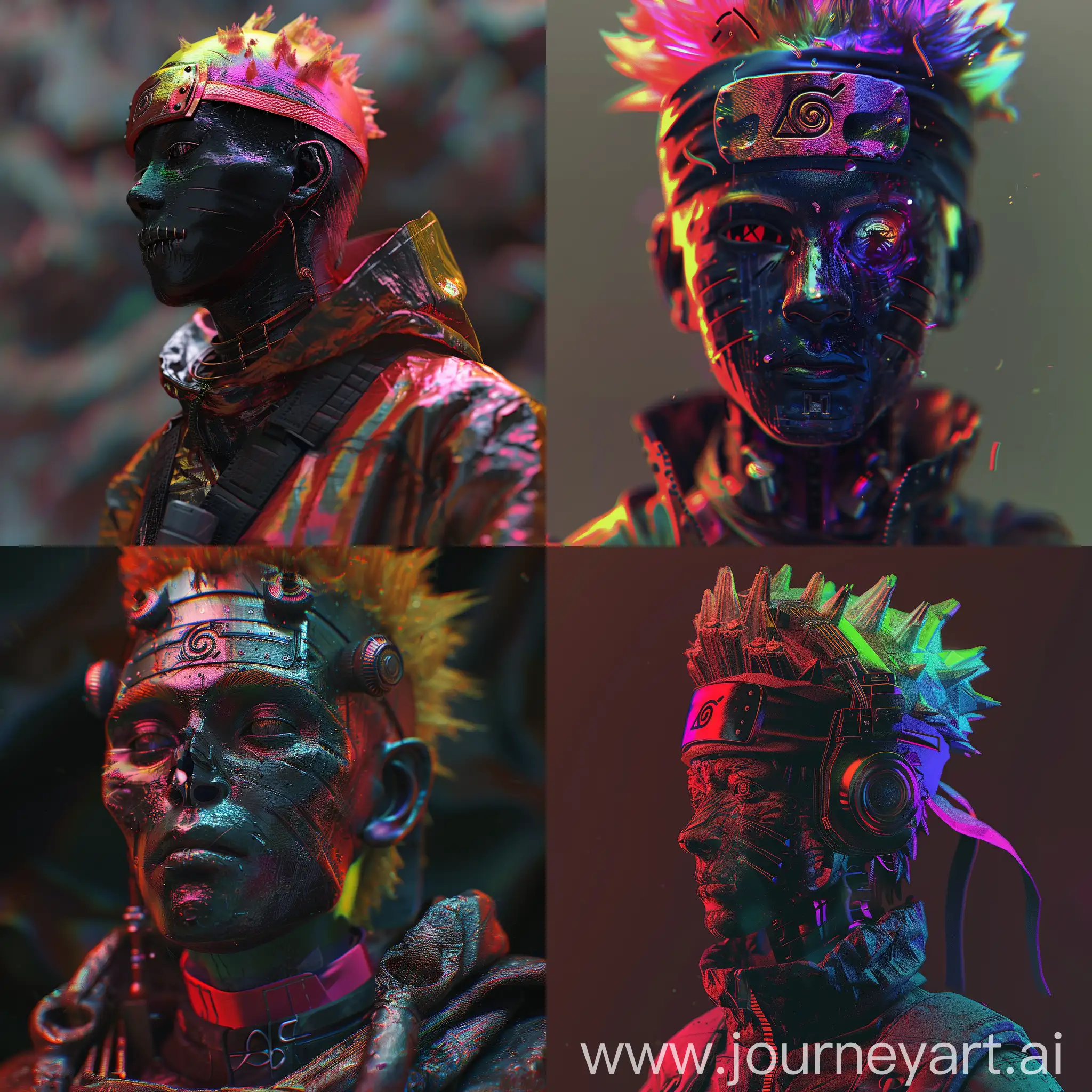 Naruto as a black person in the style of rembrandt, anime style, portrait, cyberpunk mandalorian, skull, hdr, overcolored, Rainbow colored, futuristic, highly detailed, made with blender
