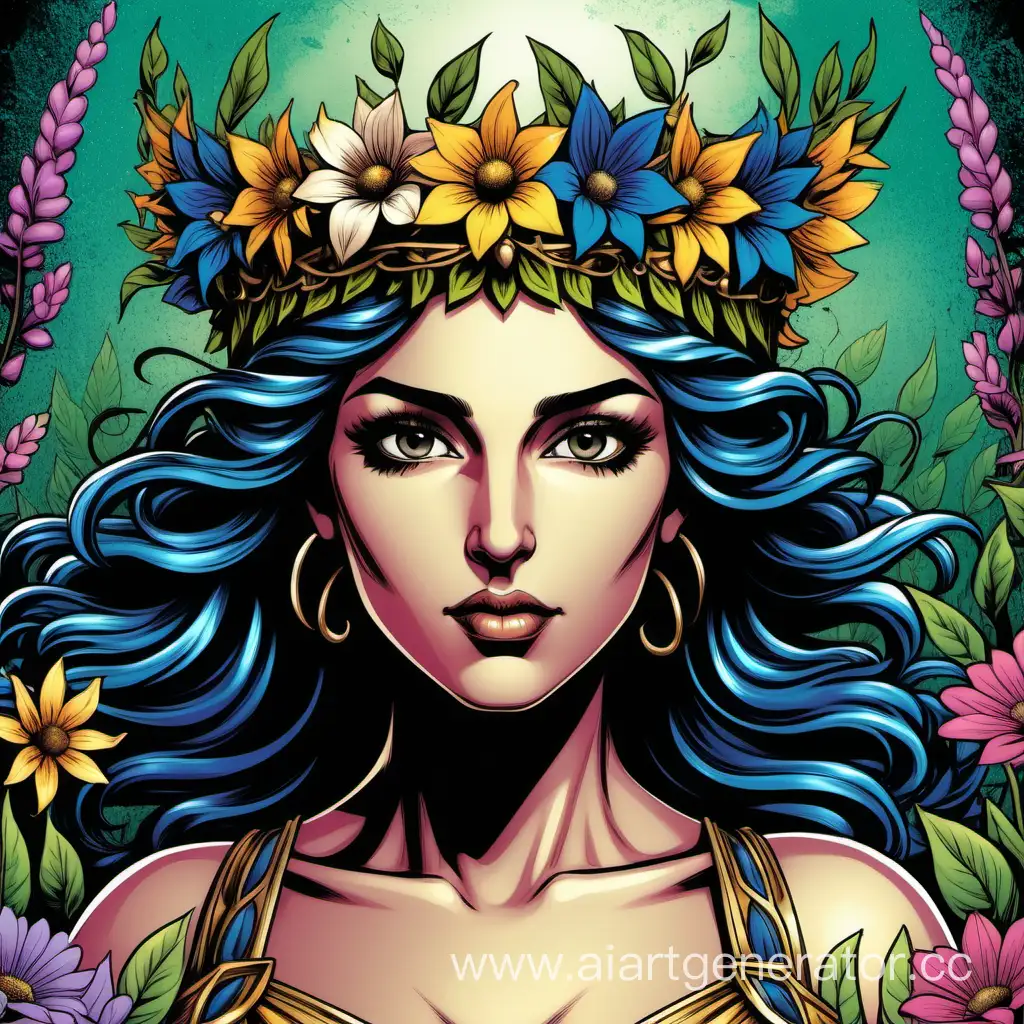 Flora, greek goddess, beautiful face, hipercolored, wildflower crown, comic book art, dark spring colors, logoart, 