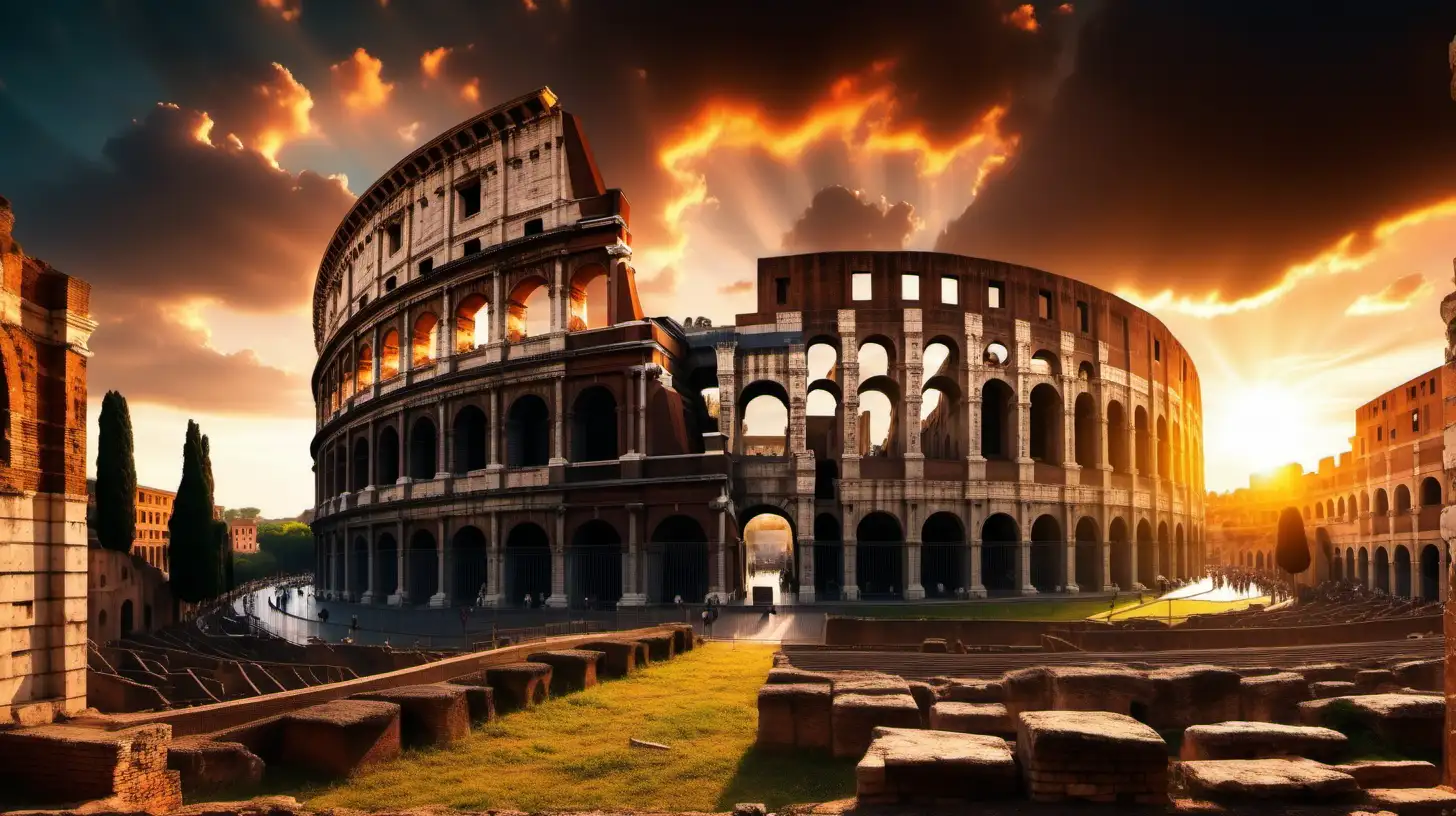Superb panorama with the ancient Roman colosseum. Sunset that completes the scene. The clouds add a dramatic touch to the scene