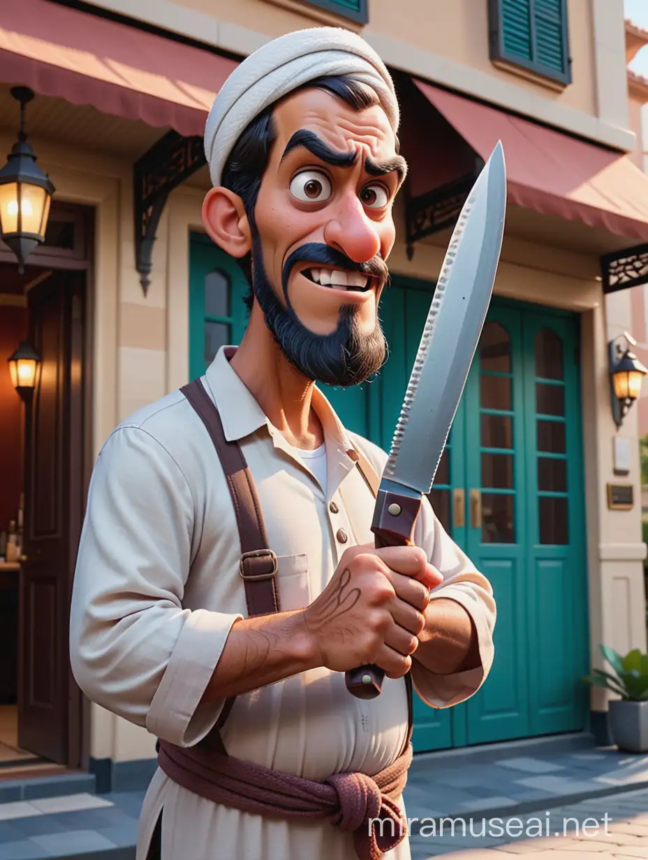 Create a Disney Pixar cartoon of a angry muslim man 30 years age, standing outside hotel building, butcher's knife in his hand