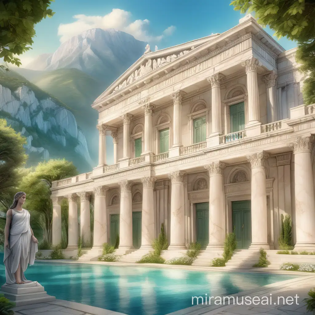 The tranquil setting of Mount Olympus fills the page. Lush greenery surrounds a grand marble palace. In the palace courtyard, mortals gather around Efthalia, the Greek goddess of Pilates. She stands tall and radiant, her presence commanding attention