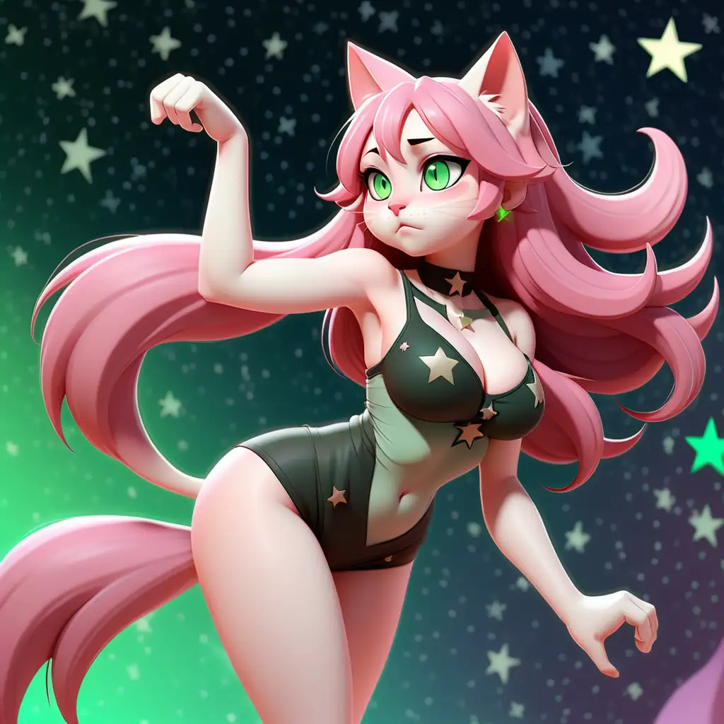 Anime Anthro Cat Girl in Falling Pose with Pink Long Hair