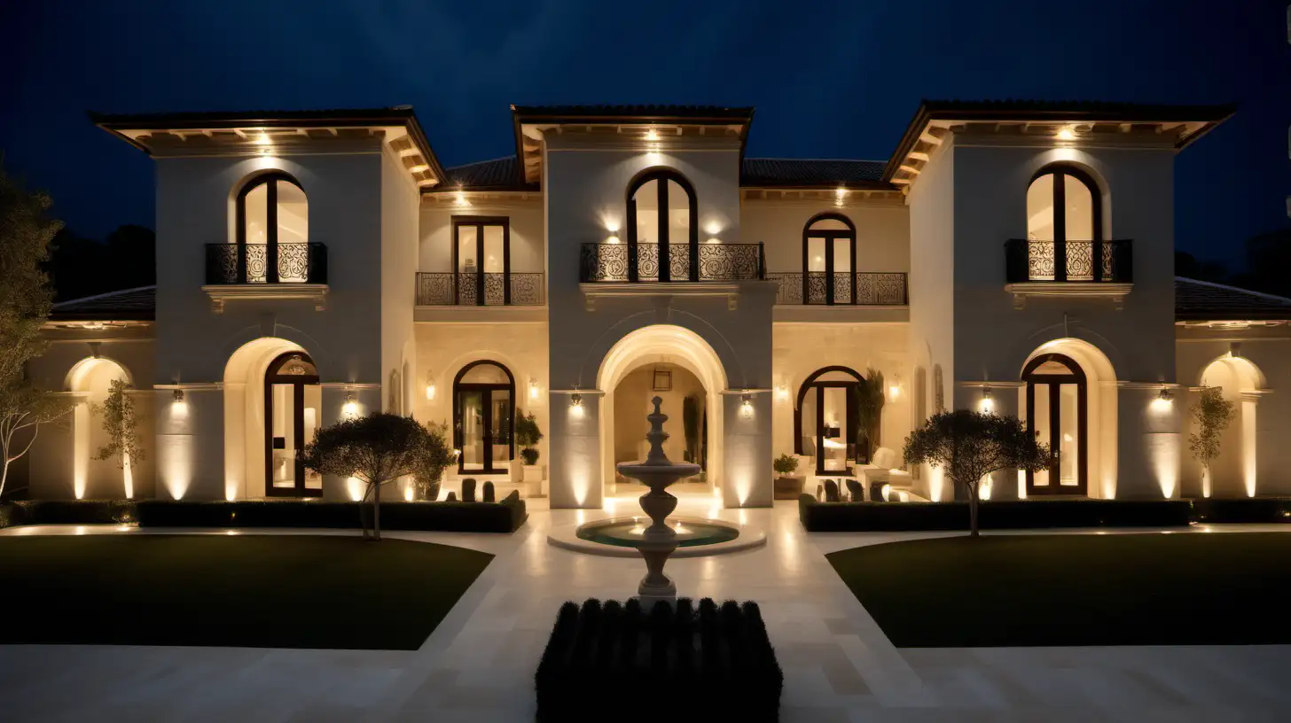  grand modern mediterranean rendered estate home; limestone, limed oak, beige colour palette; at night with mood lighting