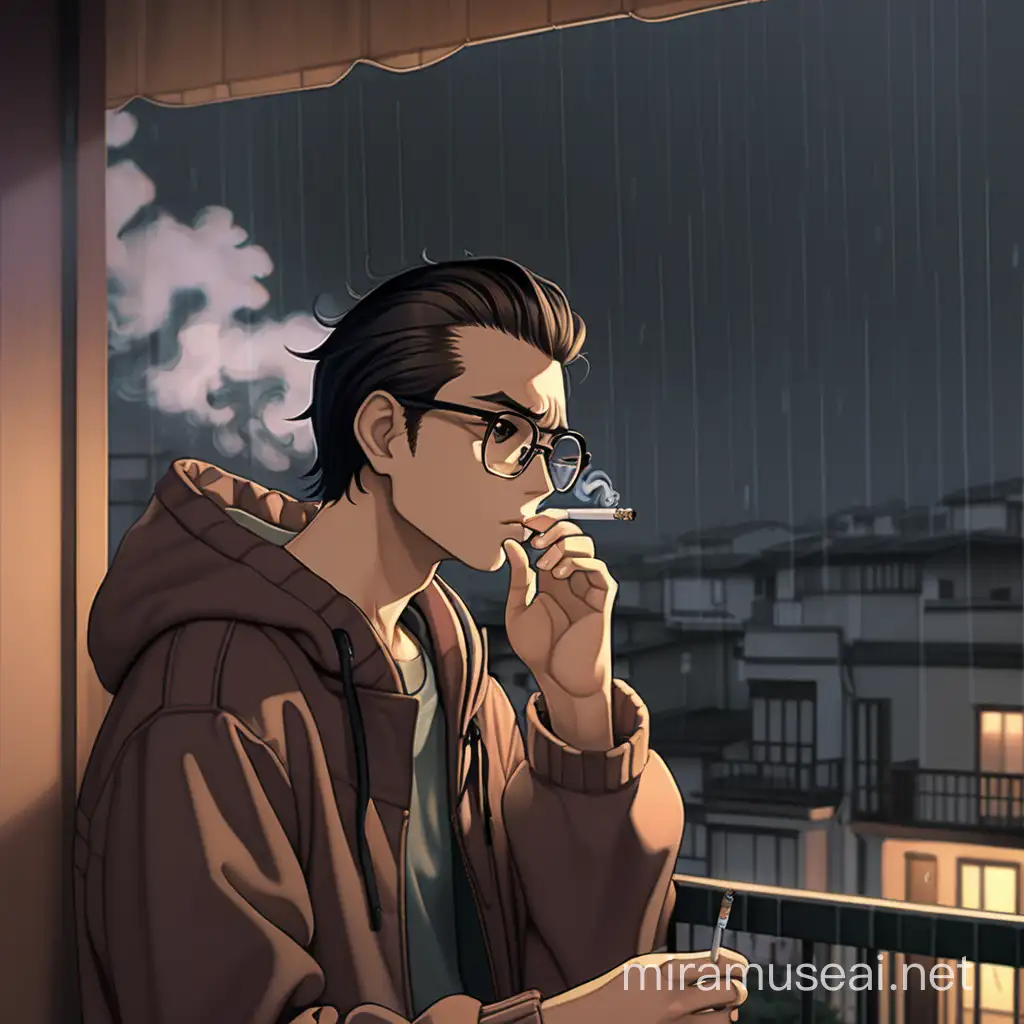 slice of life anime artstyle, brown, slicked back hair, man, rectangular glasses, depressed, smoking a cigarette, rainy balcony background, sad expression, dark bags under eyes