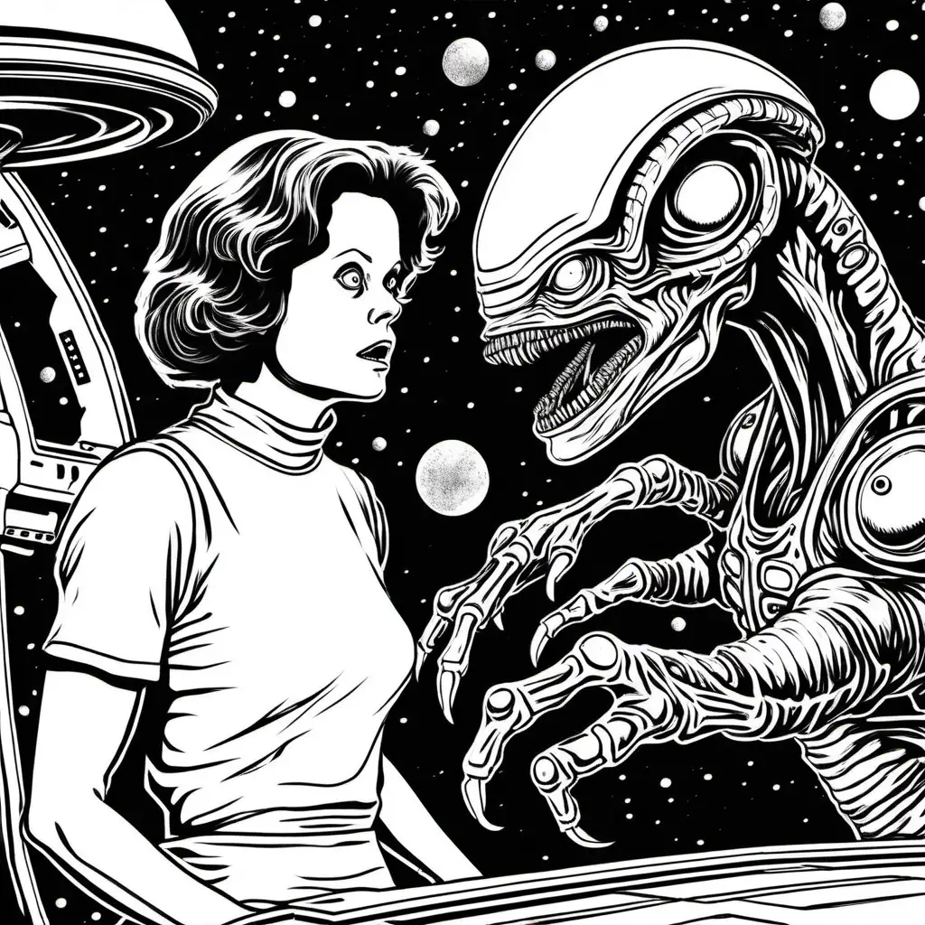 Terrified Sigourney Weaver Confronting Alien on White Spaceship