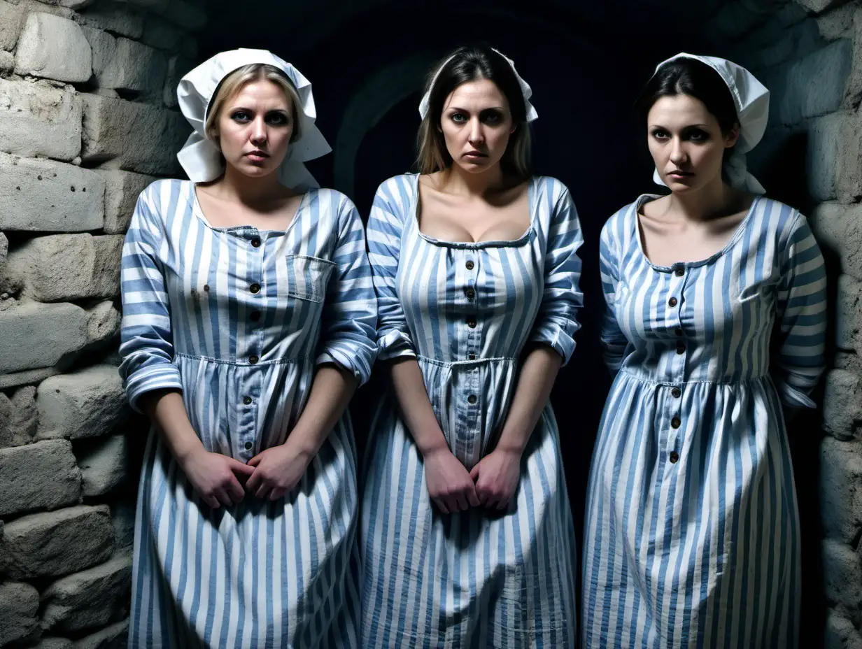 Three of busty prisoner woman (35 years old, same dress) stand (far from each other) in a prison cell (Stone walls, small window) in dirty ragged blue-white vertical striped longsleeve midi-length buttoned gowndress ( smallshortbonnet , sad and desperate ), look into camera, hands cuffed behind