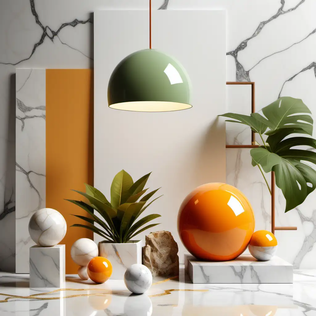 Warm Toned Interior Design Material Collage with Illuminated Lamp and Marble Sphere
