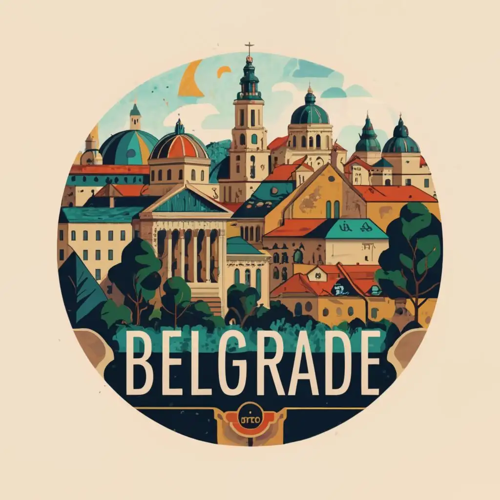 a logo design,with the text "Belgrade", main symbol:Graphic Design Sticker Prompt:
Subject: Belgrade cityscape
Setting: Urban streets
Action: Representation of Belgrade's spirit and identity through visuals
Context: Vibrant and dynamic city life
Environment: Bustling streets and landmarks
Lighting: Bright and energetic with hints of warm tones
Artist: Graffiti-inspired artist
Style: Illustrative and expressive
Medium: Digital illustration
Type: Graphic sticker design for apparel
Color Scheme: Bold and vivid colors with contrasting elements
Computer Graphics: High-quality digital rendering
Quality: Detailed and visually impactful

Positive Prompt:
Belgrade cityscape, lively urban streets, vibrant representation of city spirit, dynamic atmosphere, bright and energetic lighting, graffiti-inspired artist, illustrative and expressive style, bold and vivid color scheme, high-quality digital rendering, visually impactful design

Negative Prompts:
Crowded streets, dull and lifeless atmosphere, muted lighting, traditional artist, realistic style, monochromatic color scheme, be used in Events industry