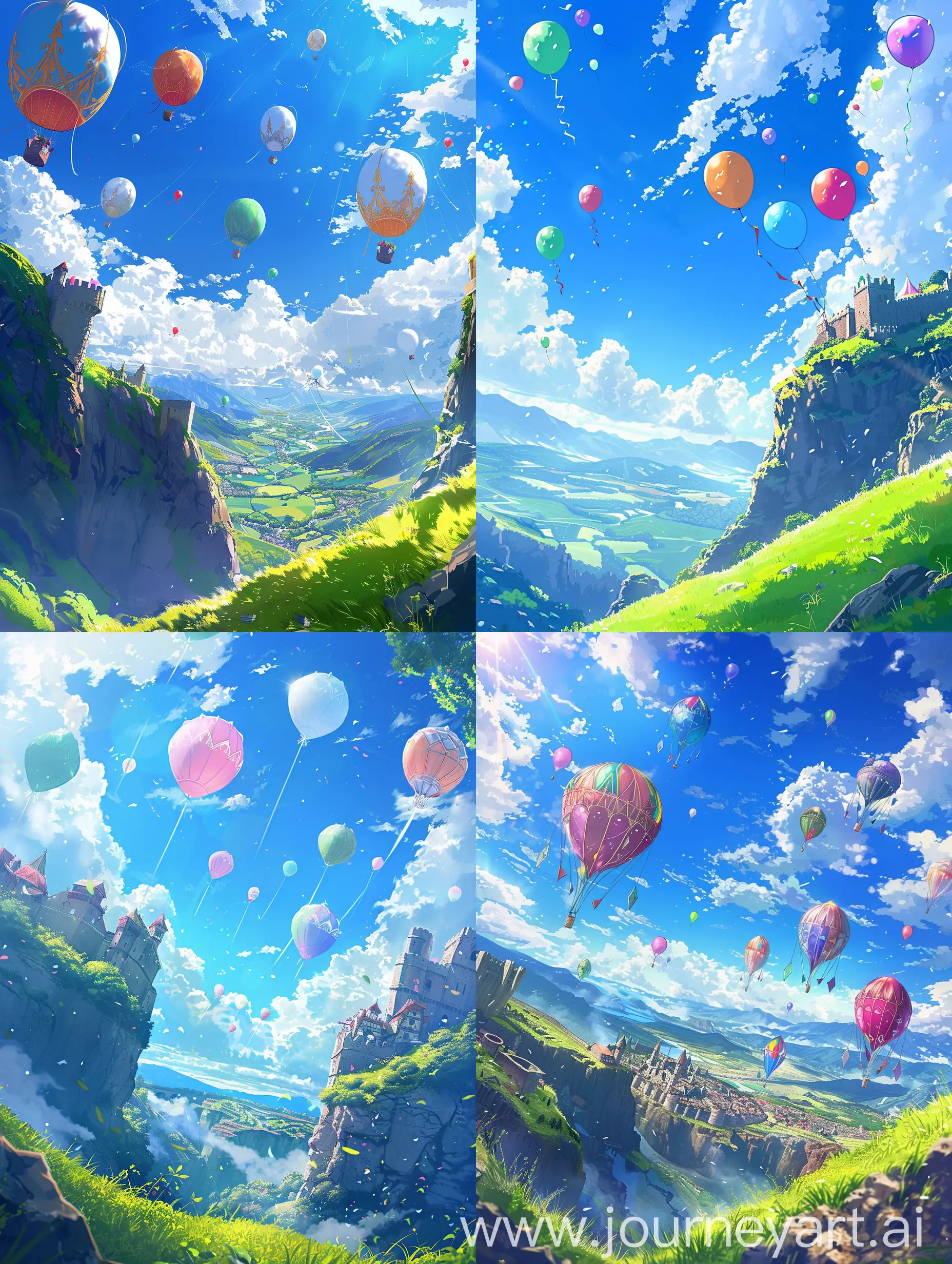 Medieval kingdom, blue sky, white clouds, sunshine.  Different-colored balloons rise from the Kingdom towards the sky as if there is a celebration there, viewed from outside the Kingdom, from a mountain hill with bright green grass.  Anime style.