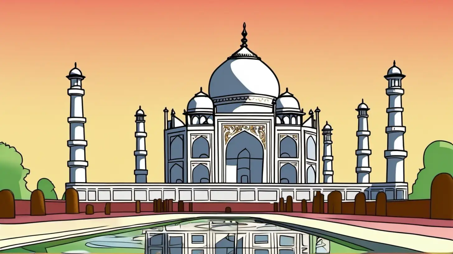 Whimsical Cartoon Illustration View of the Taj Mahal in Vibrant Colors