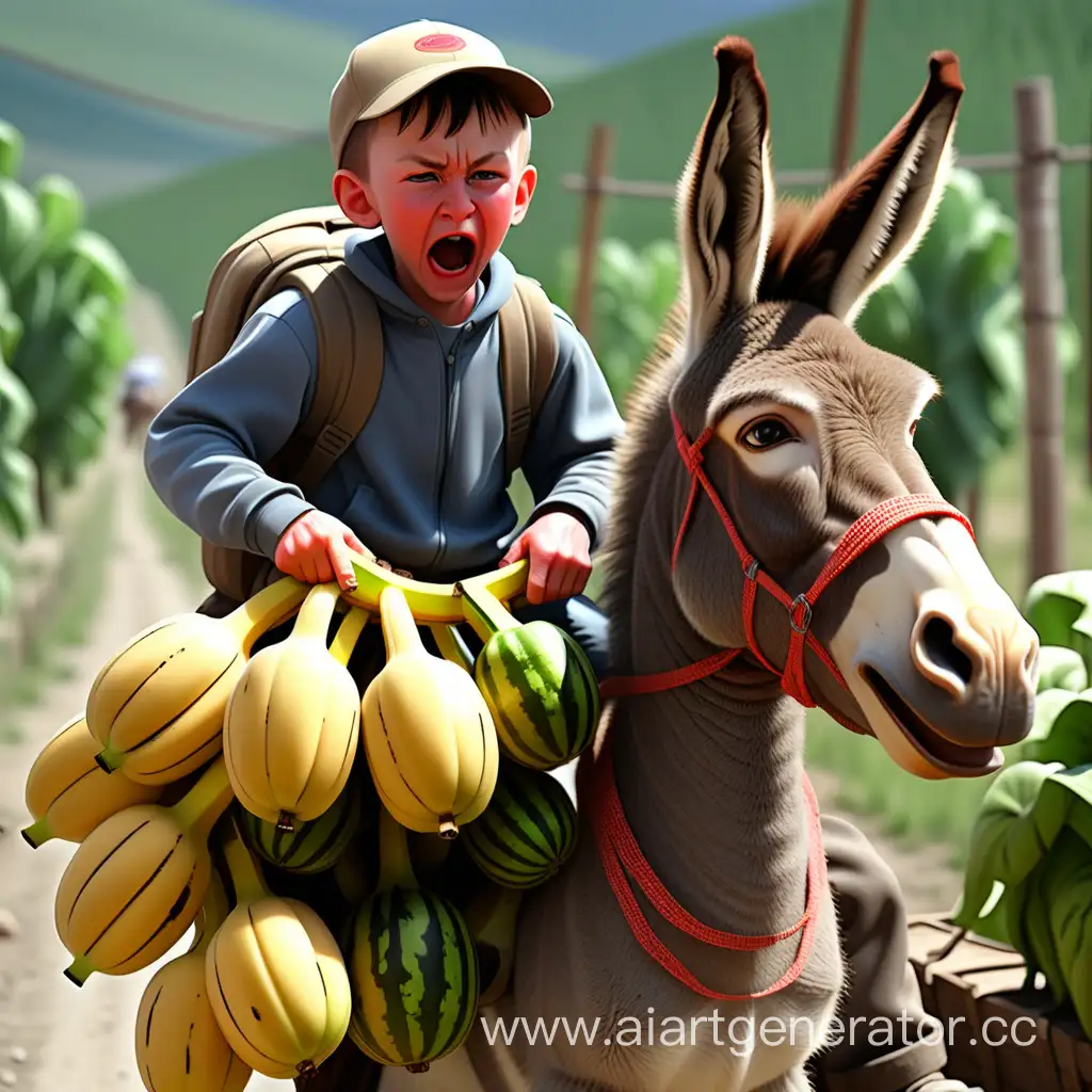 Nikita eats a banana playing standoff while riding a donkey in Magadan for watermelons and behind him a donkey with a V12 engine on gas with pilaf