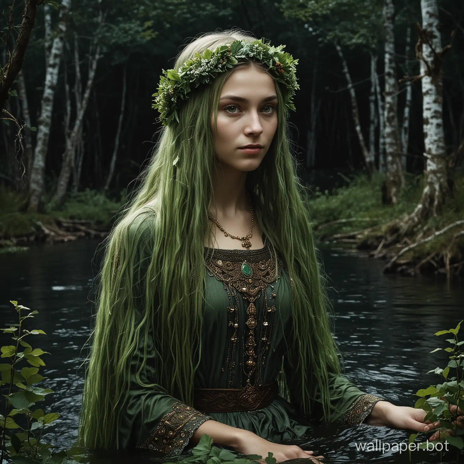 depict on a black background a mavka — a character from East Slavic mythology, living in forests. It was believed that mavkas are children who died unbaptized, as well as girls who died before marriage. Mavkas live near bodies of water, comb their long green hair, and lure travelers to lead them into the forest and tickle them to death.