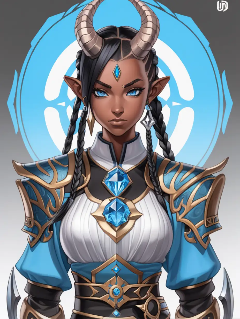 woman, horns, young adult, half dragon woman, dungeons and dragons, Yuto Sano anime style, African, ice blue eyes, braided black hair, updo hairstyle, royalty, warrior outfit, armor, shirt, pants, athletic build, regal, black hair, black and blue outfit, fully clothed, dark skin
