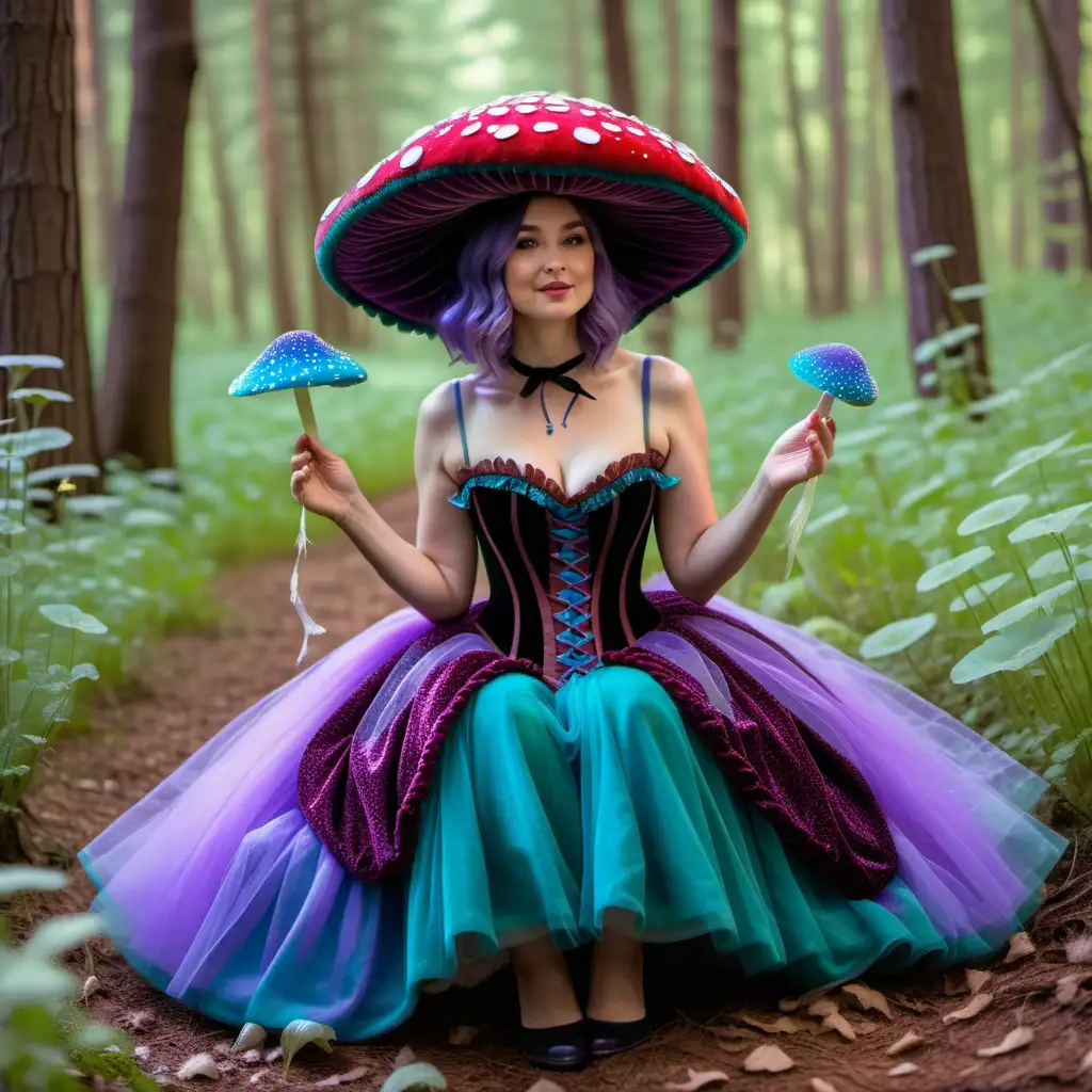 Whimsical Mushroom Lady in Vibrant Forest Setting