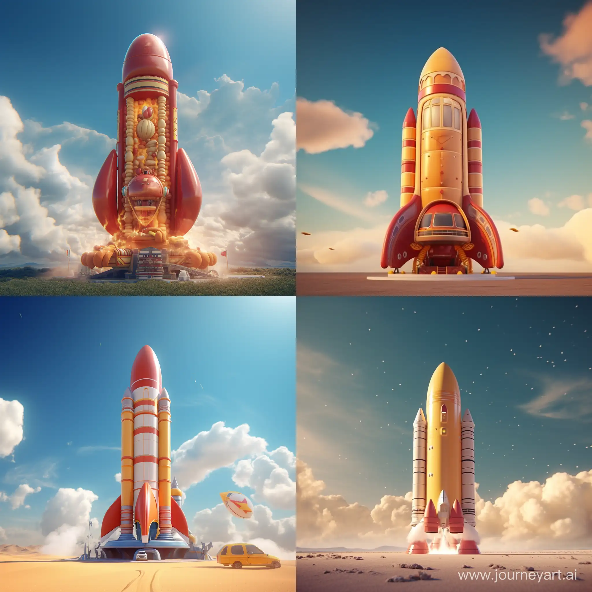 Whimsical-3D-Animation-Giant-Hot-DogShaped-Rocket-Soaring-in-the-Sky