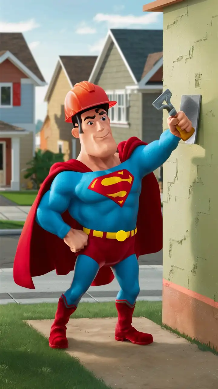 Superman as a builder. He's plastering a house 