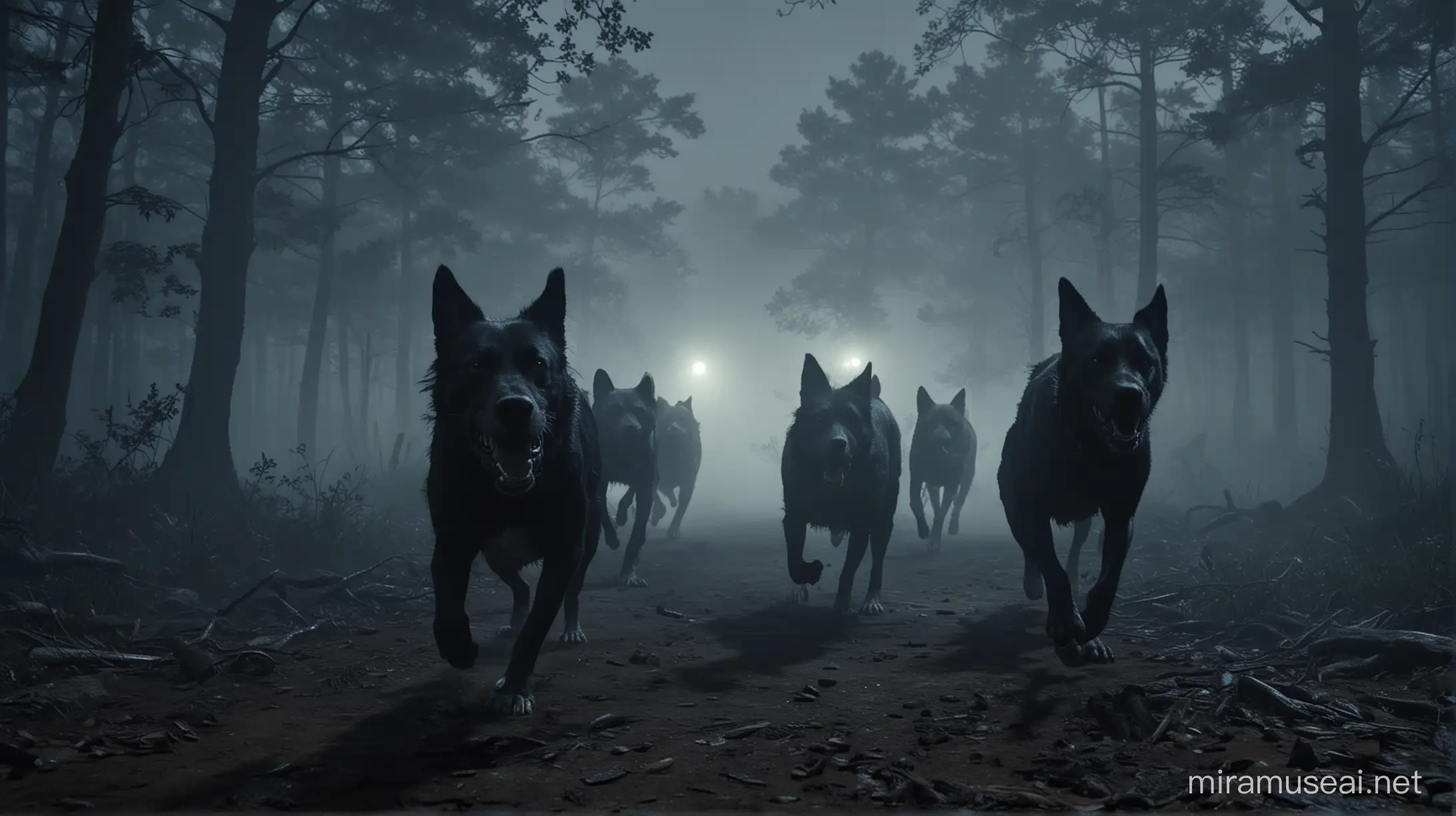cinematic still, resident evil, demon dogs chasing, forest, night, fog

