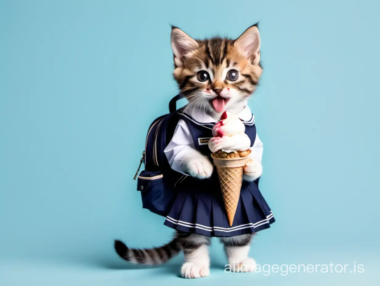 Kitten in school uniform. School backpack on the back, ice cream in the paw.