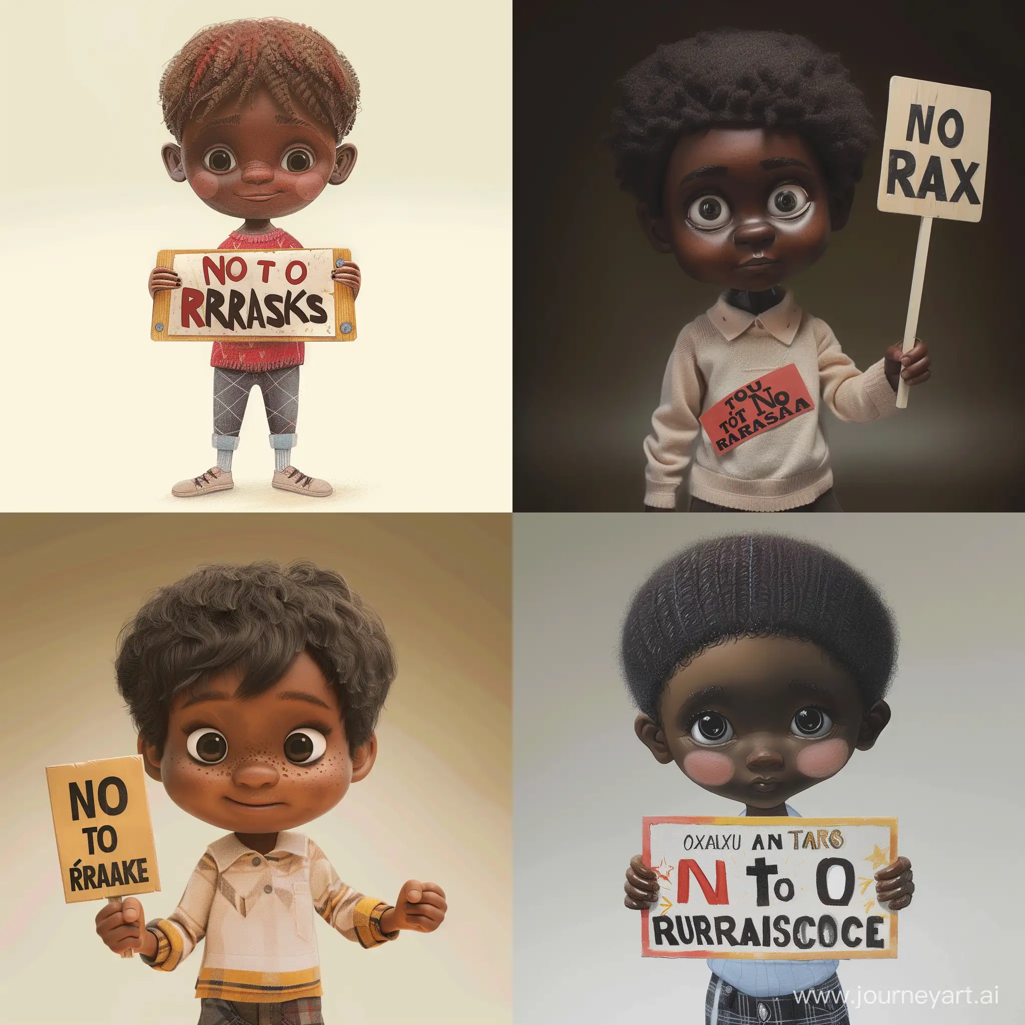Créez une image d'un enfant noir tenant une pancarte disant "non au racisme" en français.