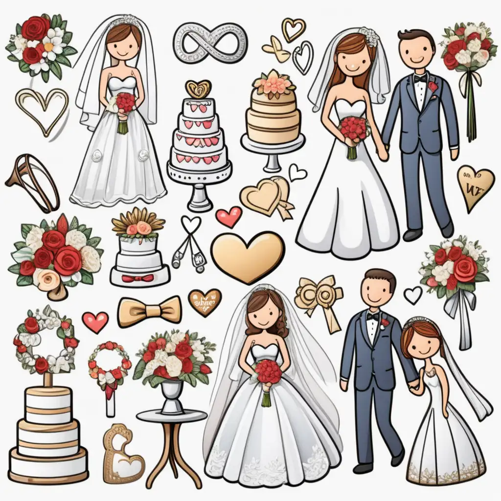clip art, wedding sticker collection, white background, cartoon style