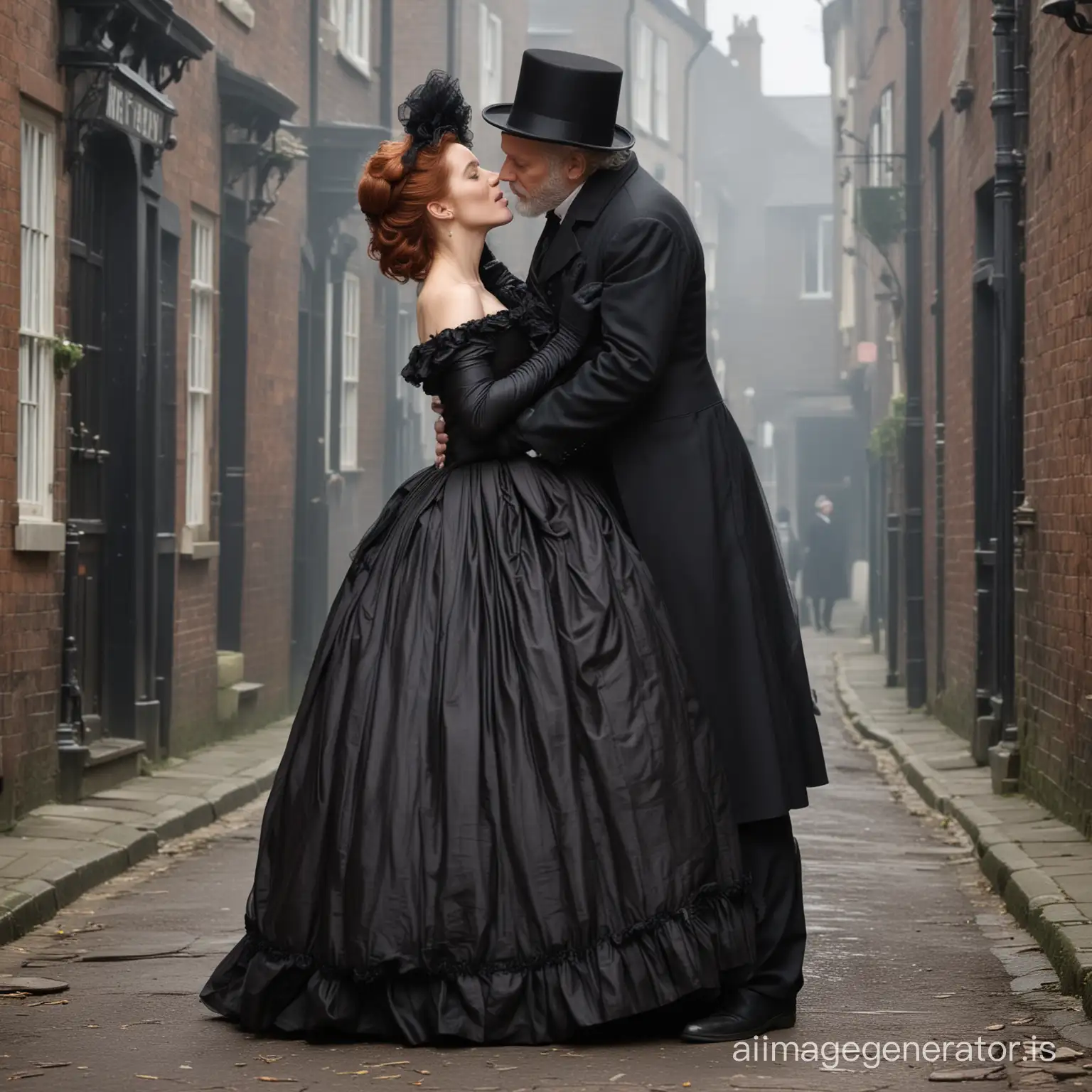 red hair Gillian Anderson wearing a dark chocolate floor-length loose billowing 1860 Victorian crinoline poofy dress with a frilly bonnet on Victorian era street kissing lovingly an old man dressed into a black Victorian suit who seems to be her dear husband
