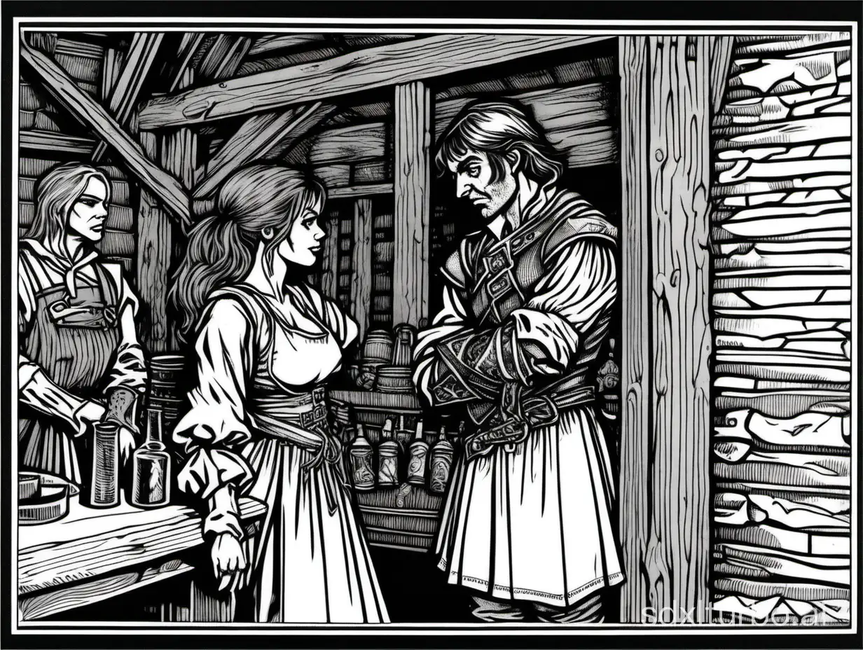 a 21-year-old Alizee tavern wench:dancer, talking to a bandit, in a fantasy tavern,  half body profile, masterpiece, block print, simple composition, (((3px black border))), black and white ink, thick lines, visible cross-hatch, lowres, low detail, 4bit bw,  horror, dark fantasy, style of 1983 Dungeons and Dragons, by Bill Willingham,
