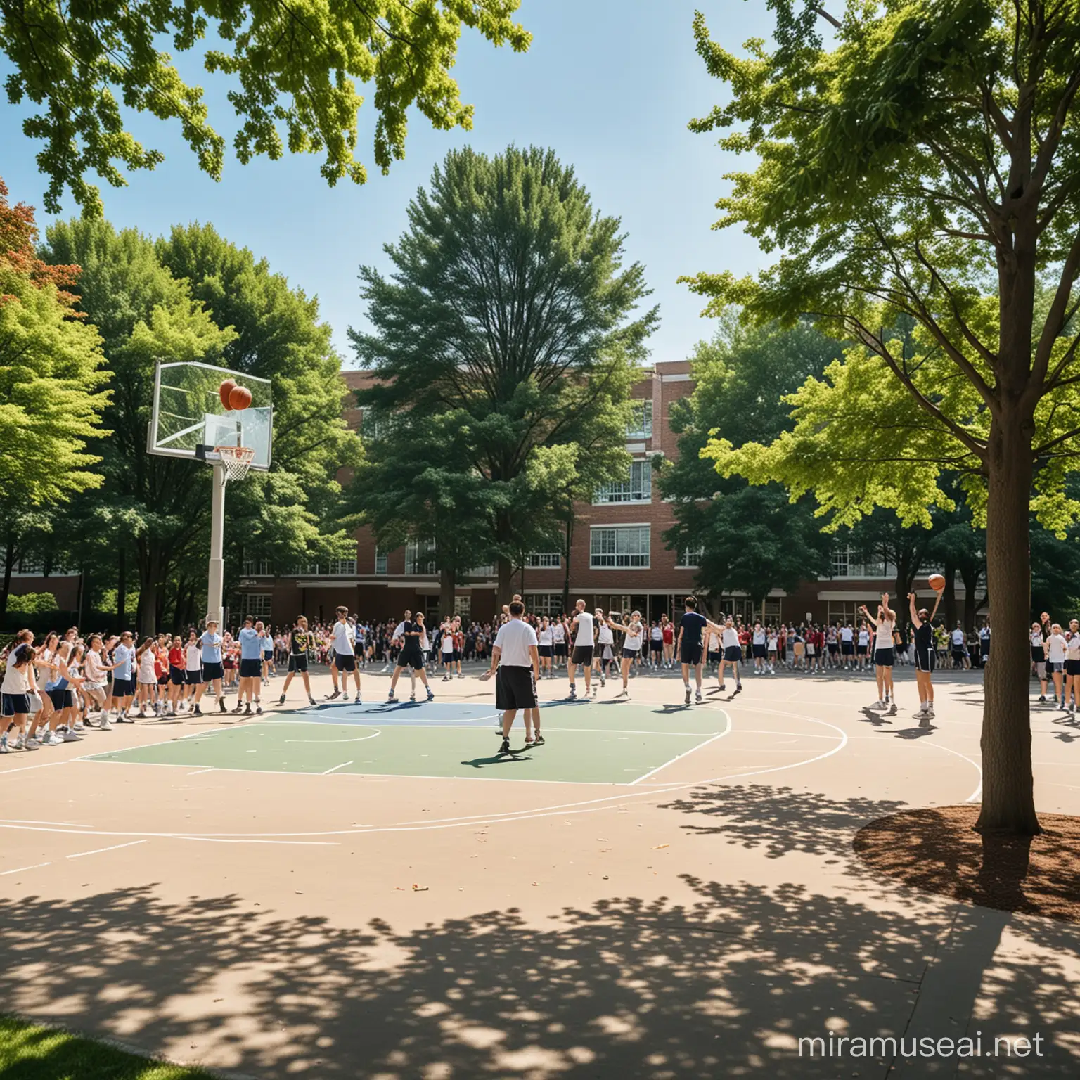 蓝天下，绿树鲜花环绕的高中校园，老师们和同学们在篮球场进行篮球比赛，篮球场外观看的同学欢呼呐喊