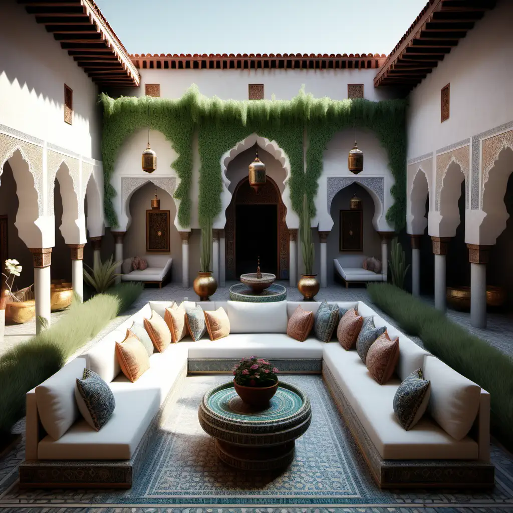 A Marrakesh and turkish -style stone building with a large courtyard, three girls in the garden, white sofa, ::ultra realistic ::