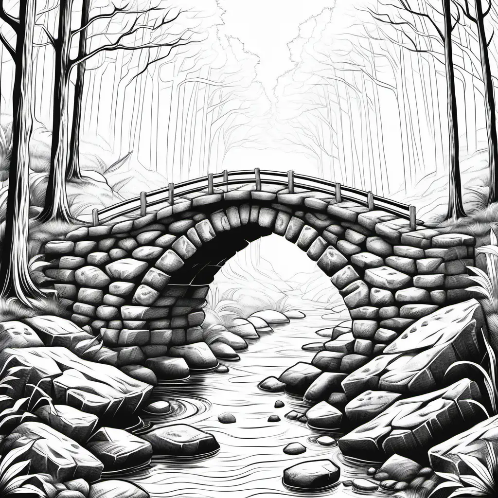 An old, moss-covered stone bridge in a misty forest style of coloring book, vector lines, black and white