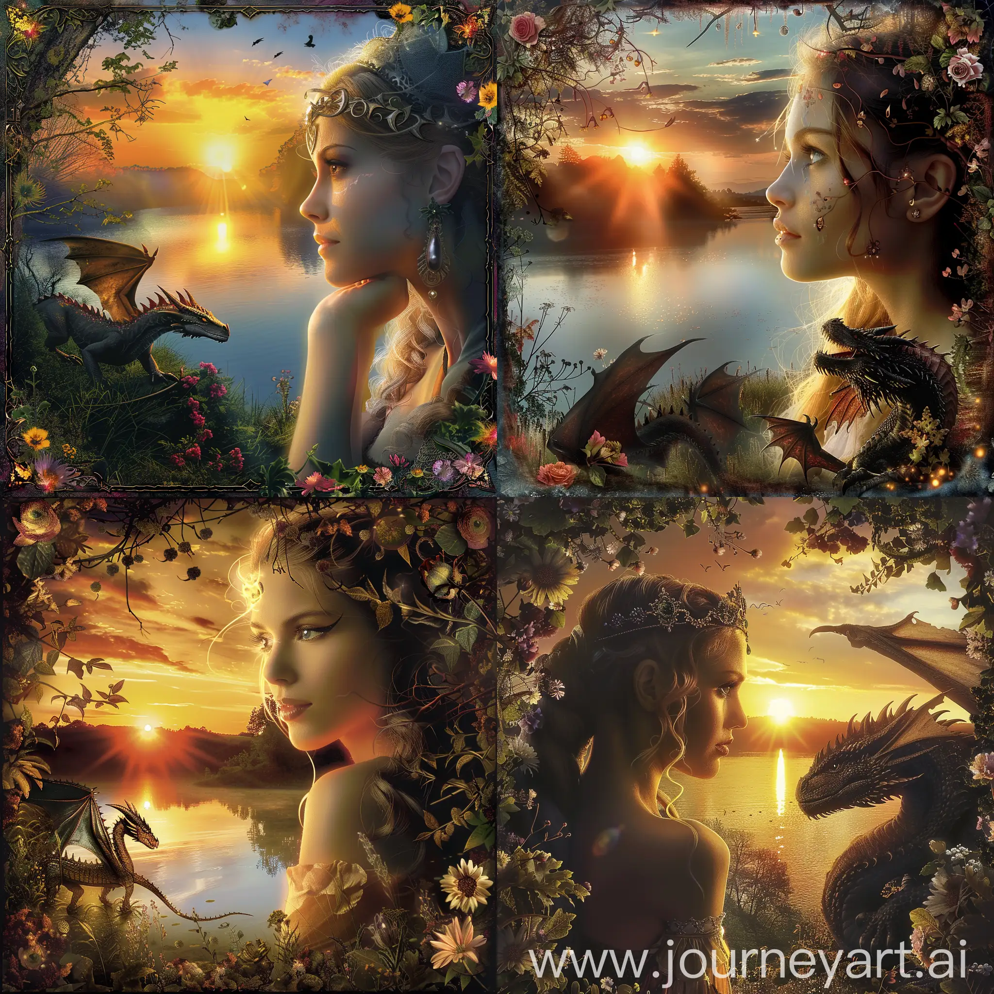 A medieval woman with a beautiful face and her dragon companion looking at the sunrise over a magical enchanted lake. There are flowers around the edges. Photographic