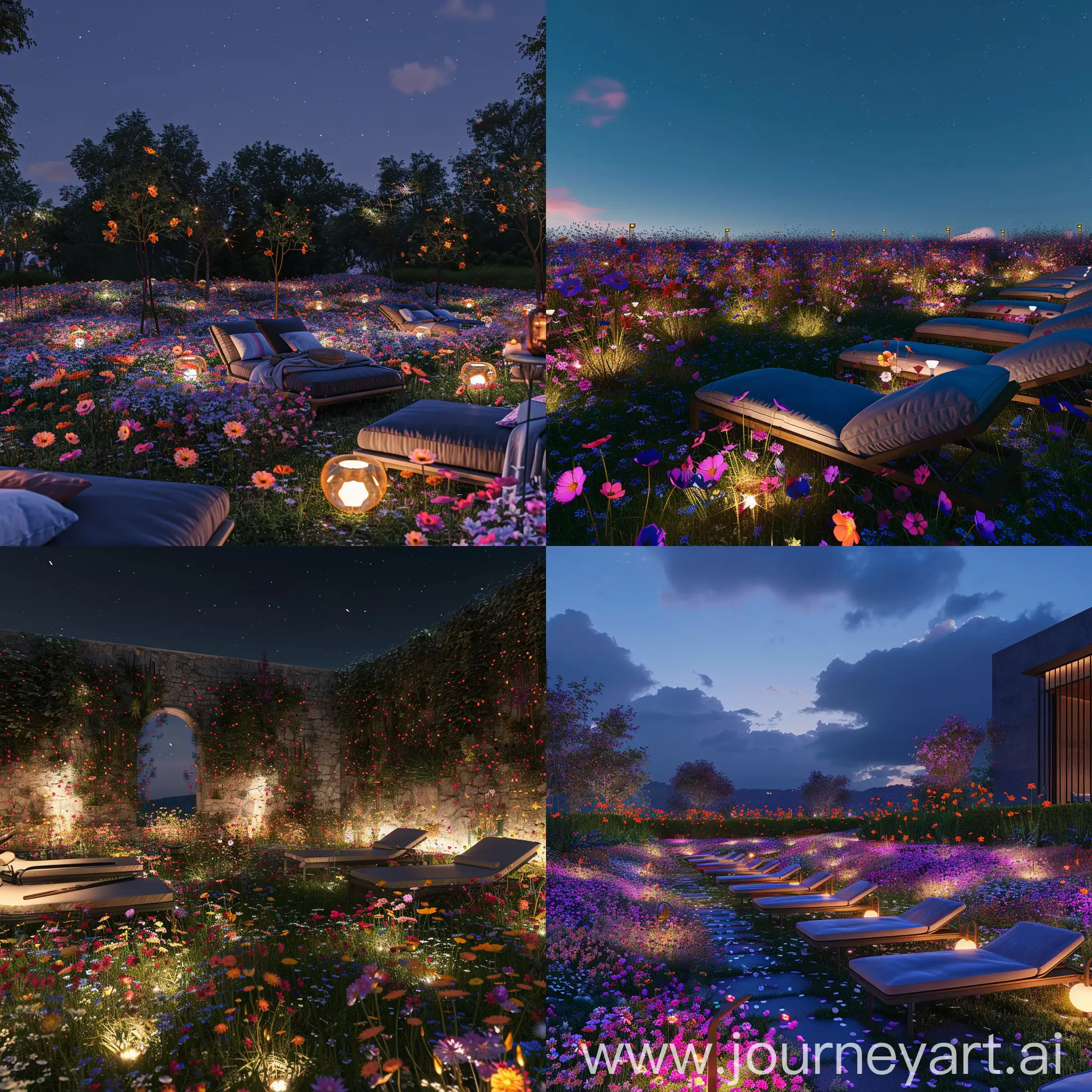 Tranquil-Night-Field-with-Floral-Loungers-and-Soft-Lighting