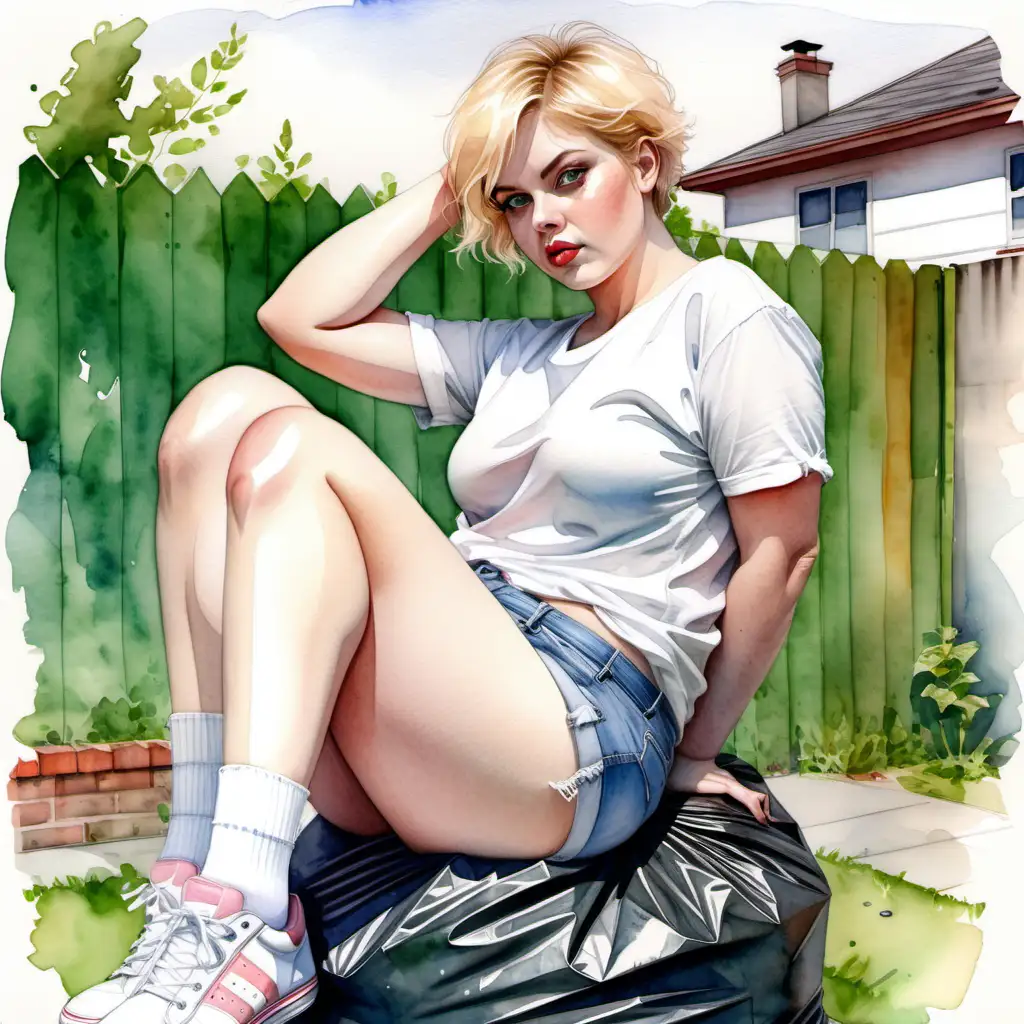 sexy big curvy and  blonde woman, pink skin, SHORT HAIR, long face, very large green eyes, sitting on a garbage bag and squeezing it with her legs, wearing a white shirt and denim shorts with white sneakers in the backyard of a house. Watercolor