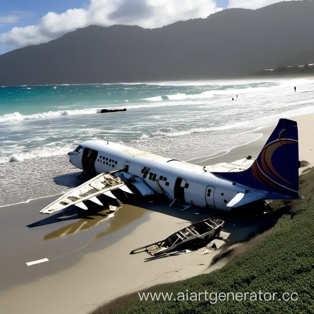 Разбитый пассажирский самолёт на берегу океана возле которого стоит человек 