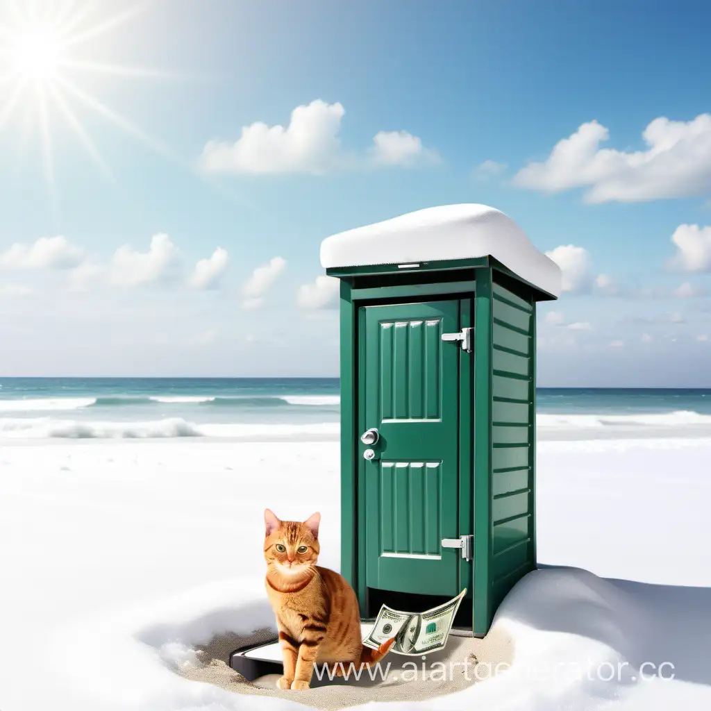 Пляжный туалет с деньгами и котом и снегом