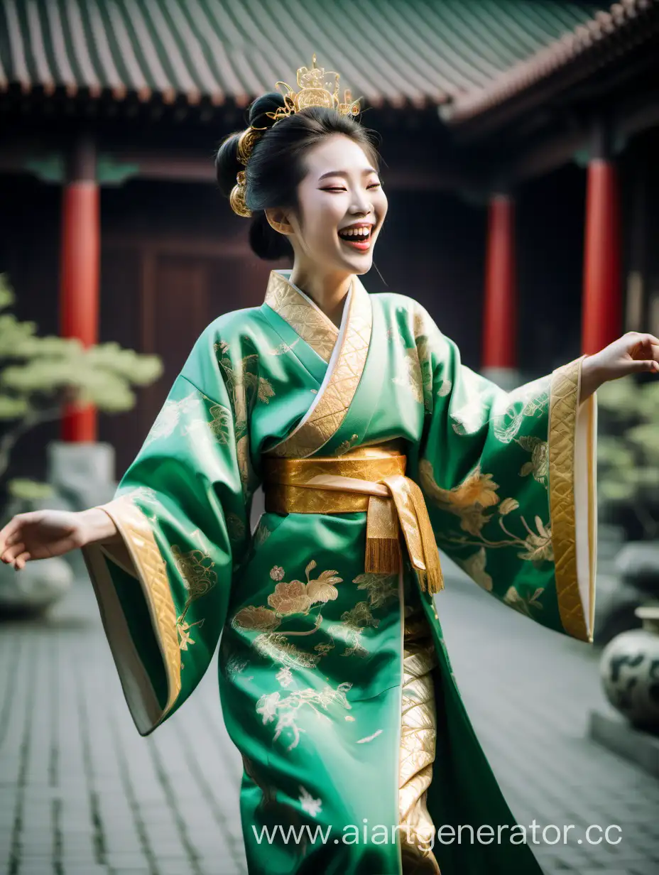Joyful-Chinese-Princess-in-Elegant-Green-Kimono-at-Enchanting-Courtyard-Celebration