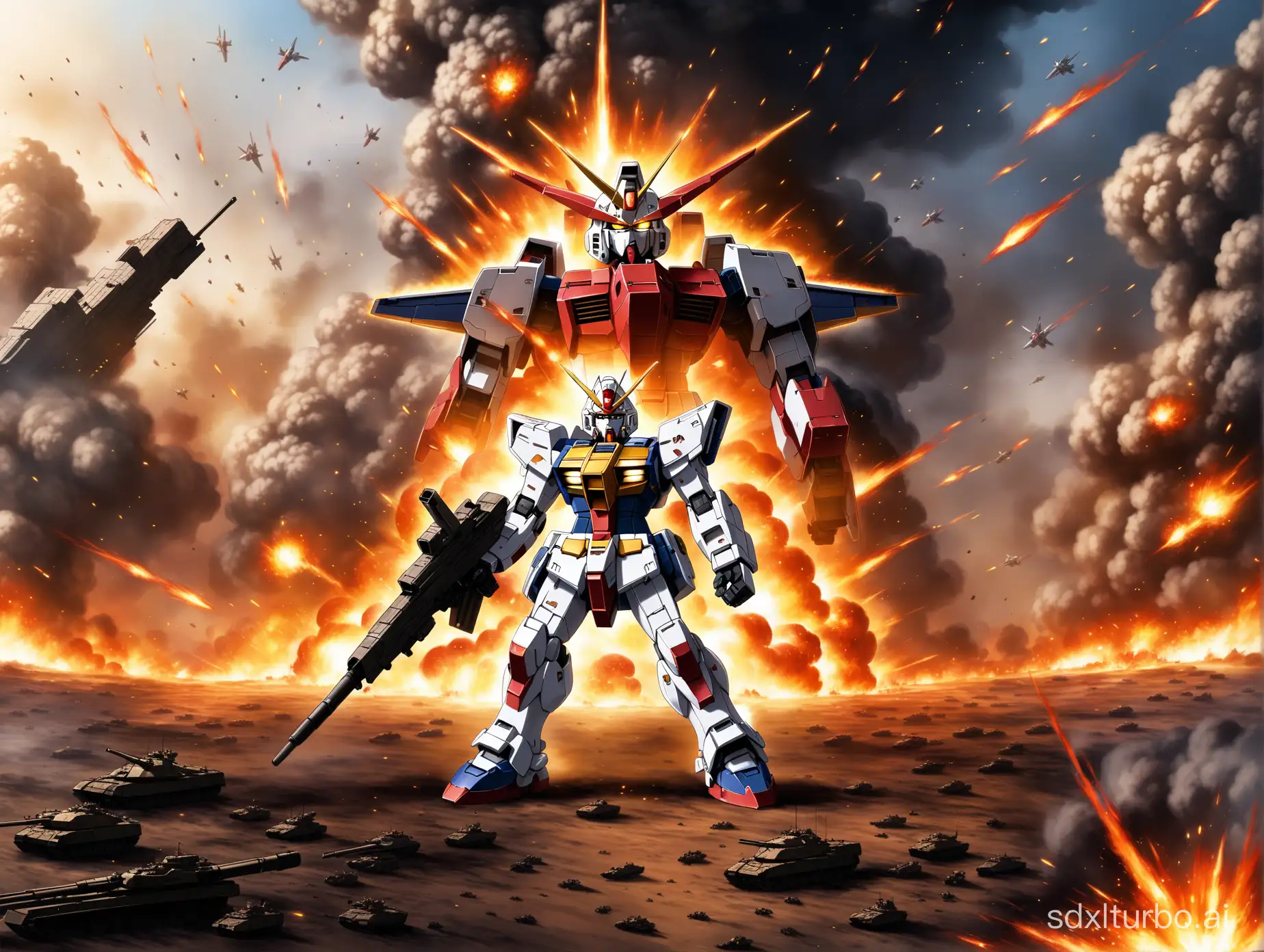 The Gundam with a severed arm kneels on the ground, behind it is a battlefield ablaze with war and explosions.
